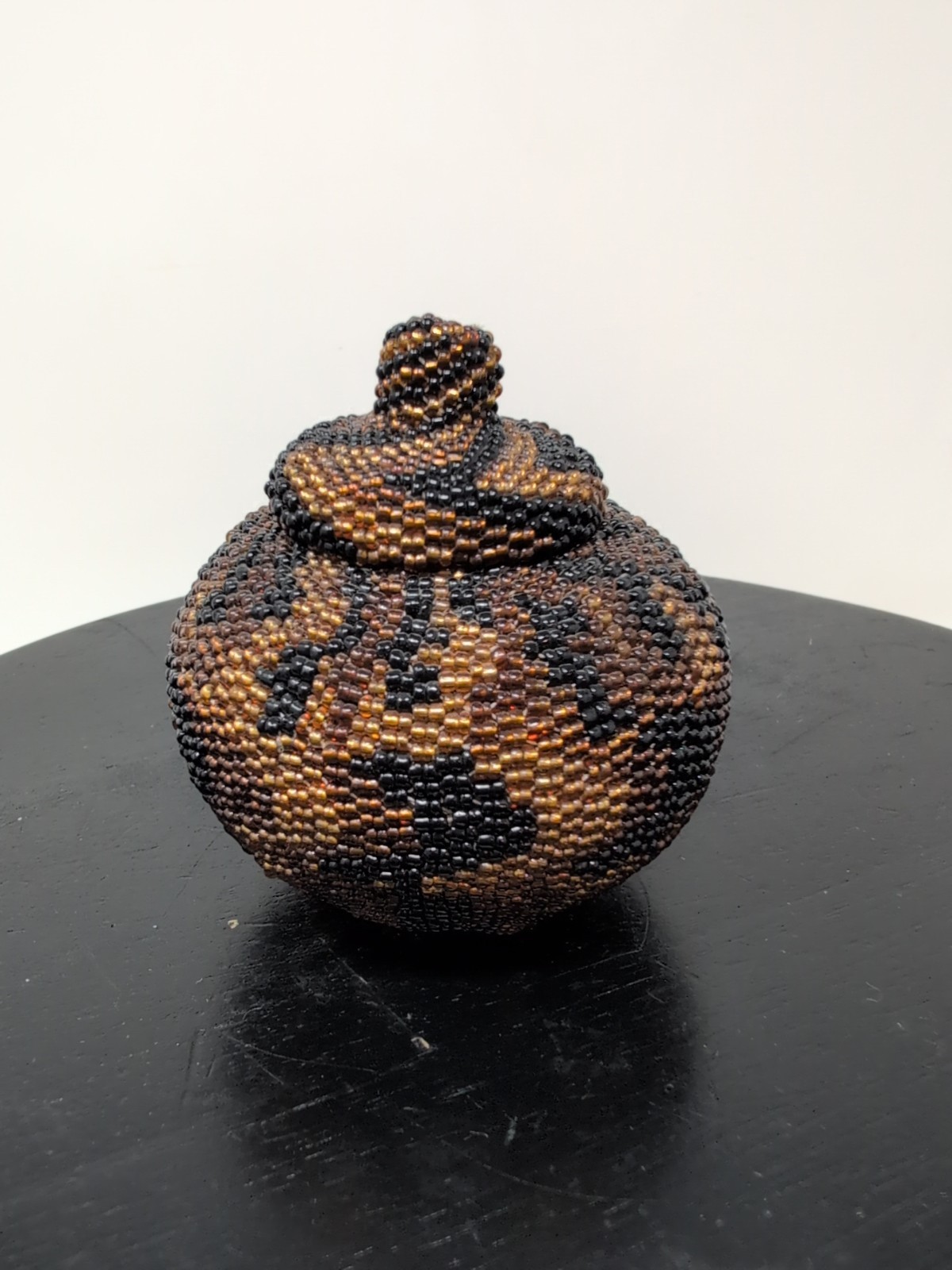 Handmade Glass Beaded Basket with Lid from Bali, Artisan Balinese 3" T Camouflag