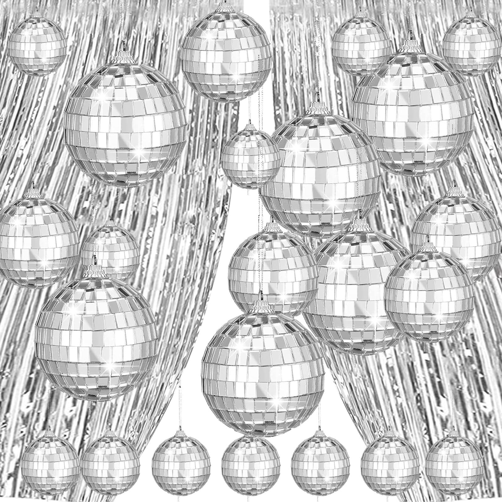 26 Pack Disco Ball Decorations Set - 24 Mirror Mini Glass Hanging Silver
