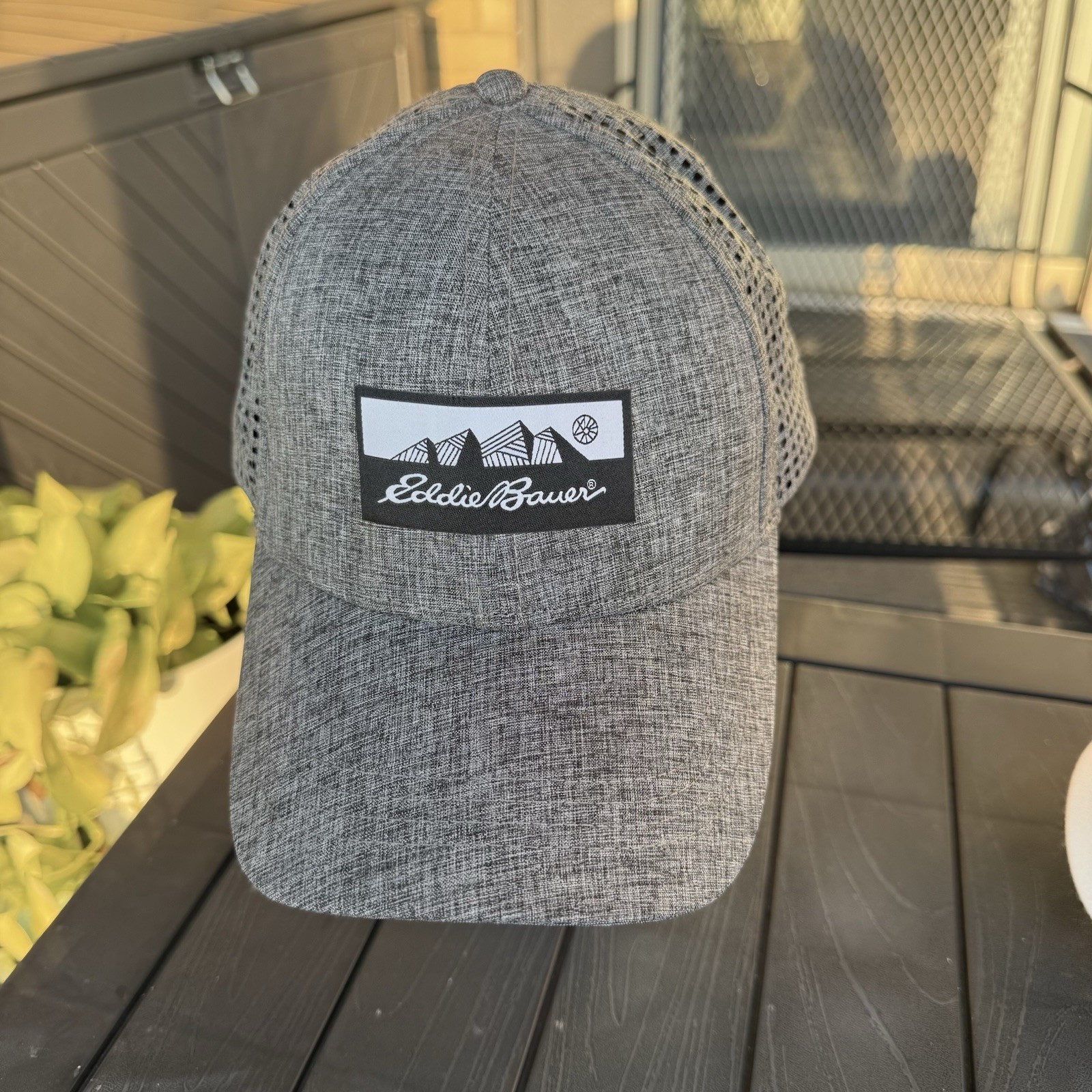Eddie Bauer Logo Patch in Black & White on Heather Gray Vented Hat Cap Snap back