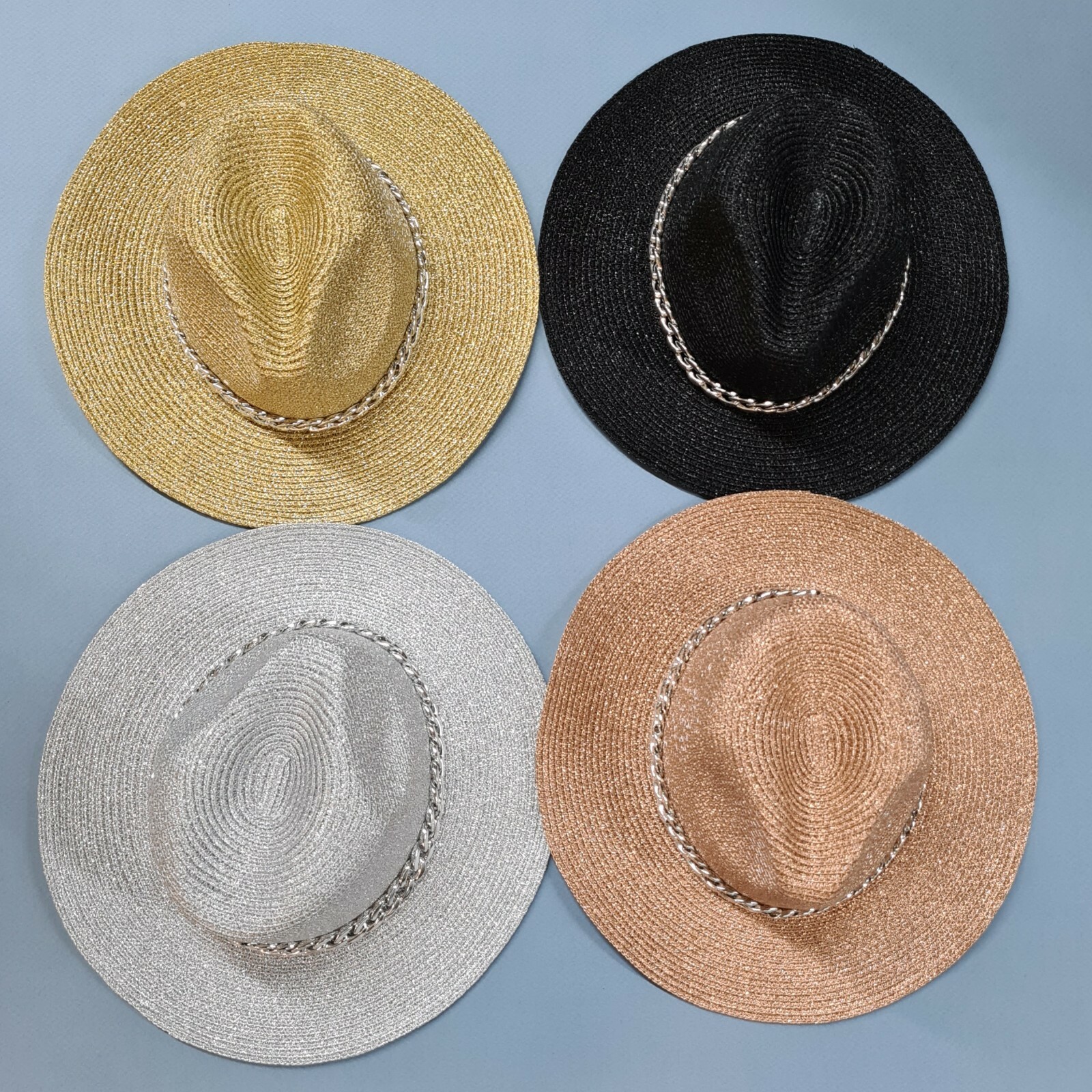 Women's Shimmering Shiny Fedora Hat Teardrop Crown Straw Sun Beach with Chain
