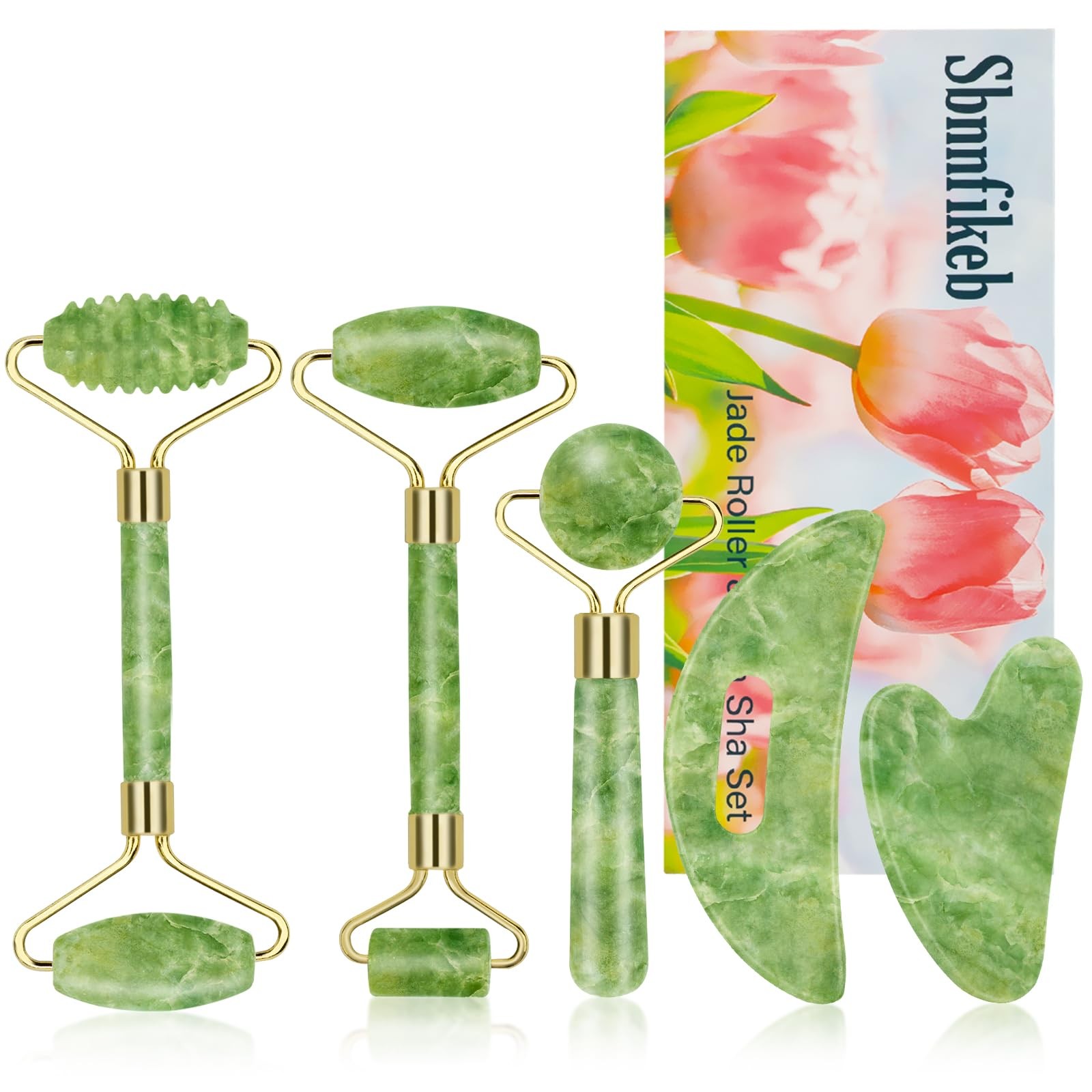 5-in-1 Xiuyan Jade Roller & Gua Sha Set, Full Body Massage Tools