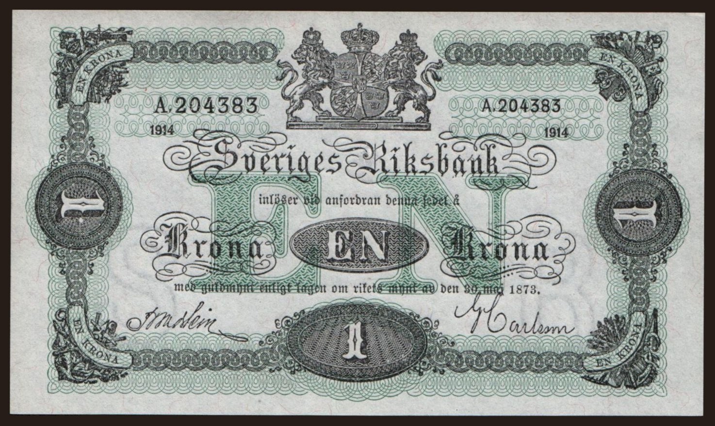 Sweden - 1914 - 1 Krona - "aUNC+" #CO8135