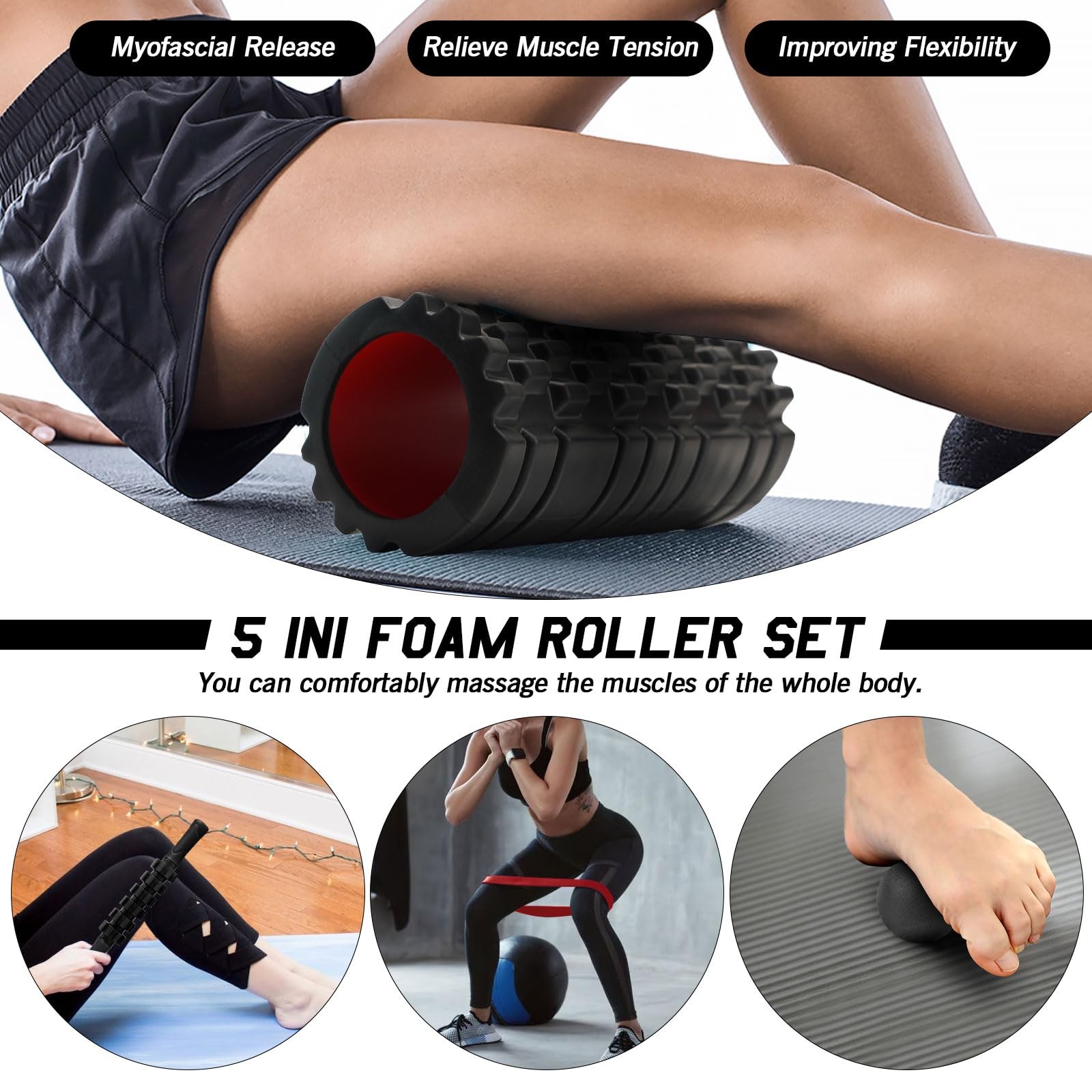 5 in 1 Foam Roller Set High Density Foam Roller Patented, Massage Stick, Mass...
