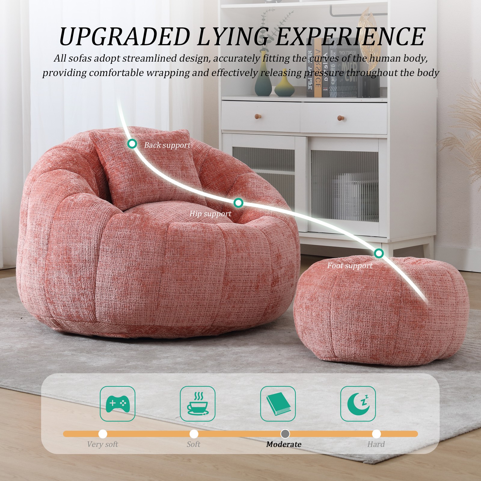UNITED WE WIN Modern Bean Bag Chairs, Comfy Round Chair for Adults with Ottoman
