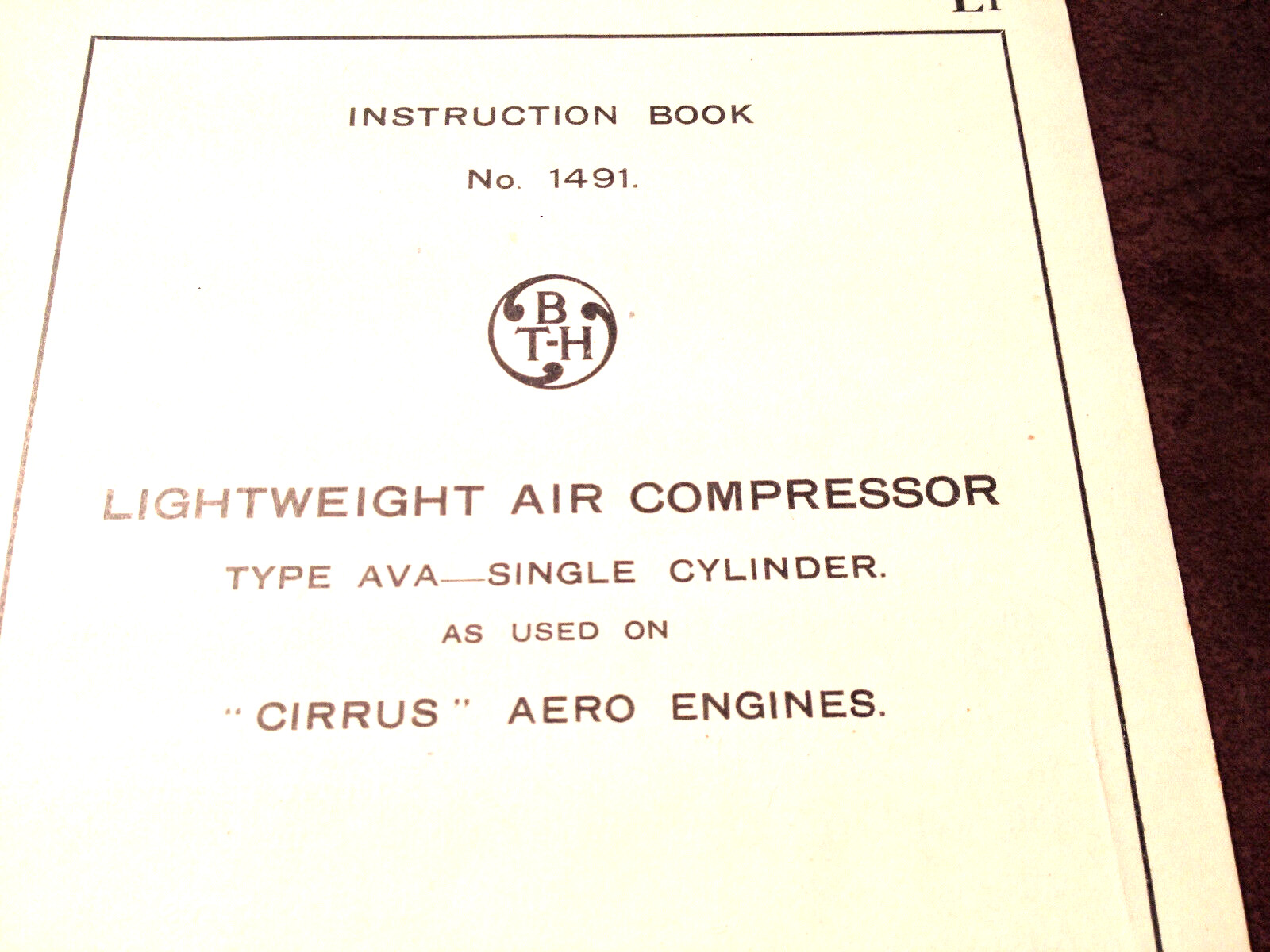 British Thomson-Houston Air Compressor AVA Single Cylinder on Cirrus Booklet