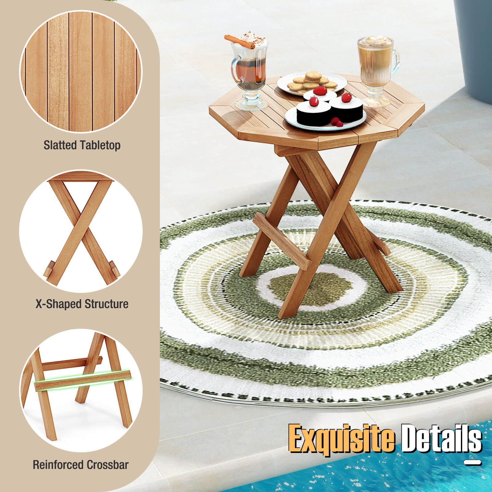 Patio Folding Side Table w/ X-shaped Legs & Slatted Tabletop for Backyard