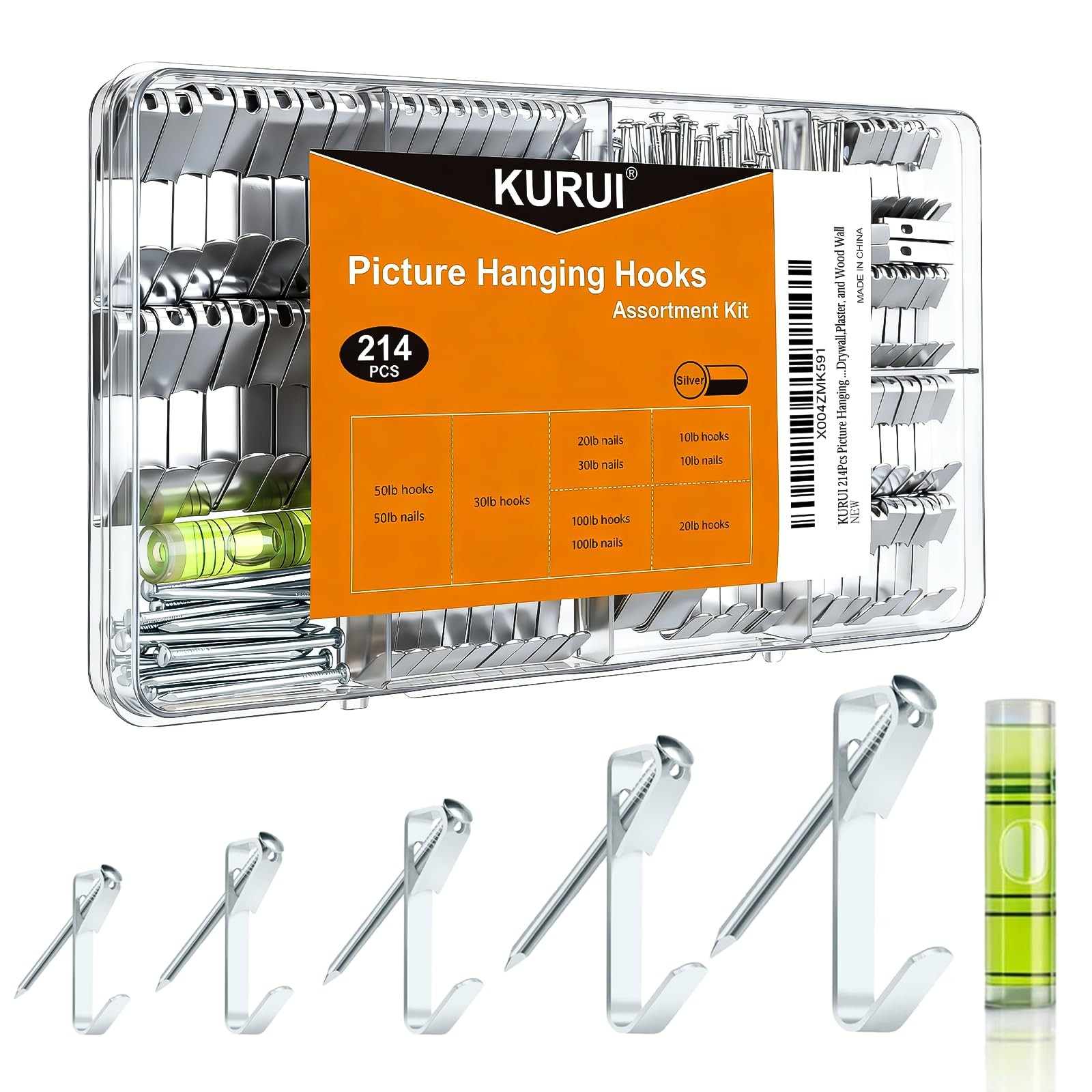 KURUI 214Pcs Picture Hanging Hooks, Renter Friendly Silver