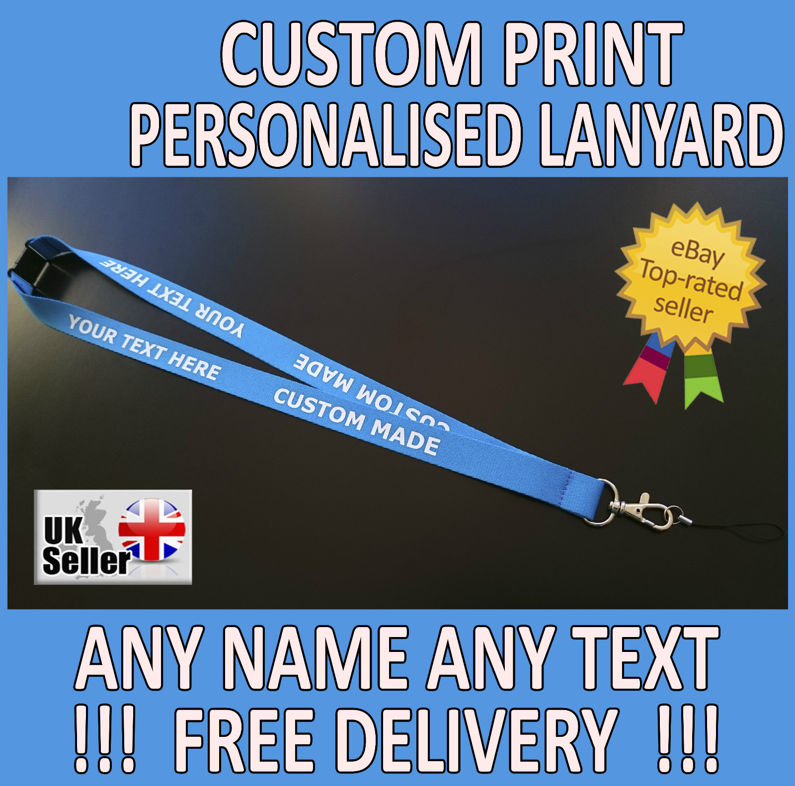 Sky Blue Custom Print Personalised Lanyard Any Name Any Text FAST & EASY