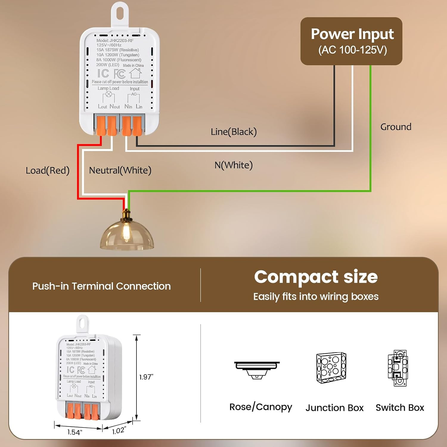 3 Way Wireless Light Switch and Receiver Kit, Push-In Terminal | Ultra-Thin Desi