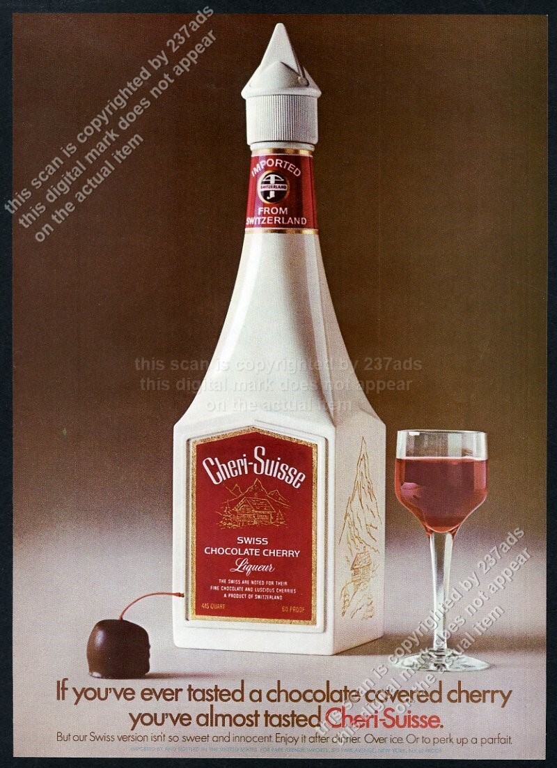 1969 Cheri Suisse Swiss chocolate cherry liqueur bottle photo vintage print ad