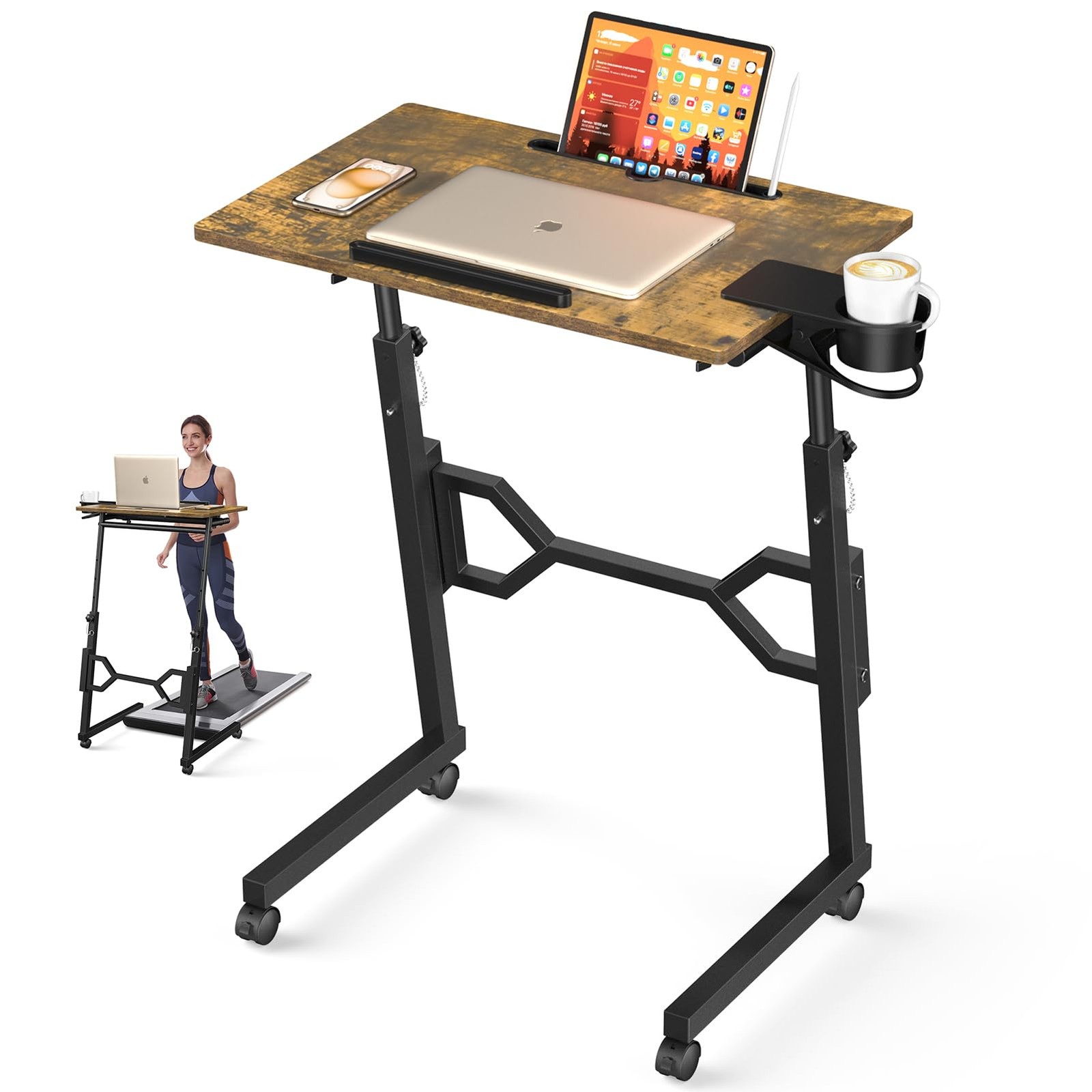 Small Standing Desk with Wheels, Portable Treadmill Desk, Rolling Desk Adjust...
