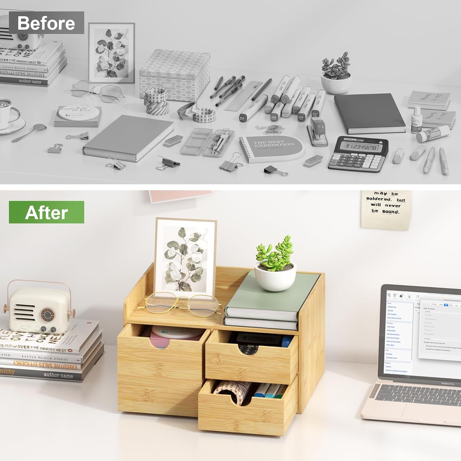 Desk Organizer with Drawers Bamboo Desktop Organizer Storage Wood Desk Drawers