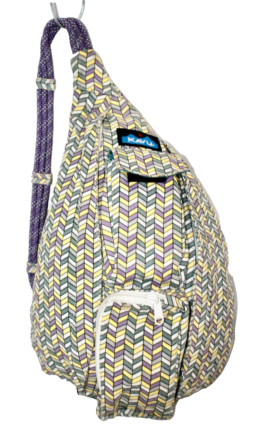 KAVU 16" Mini Rope Handle Sling Bag Itty Bitty Chevron Yellow Multi Canvas