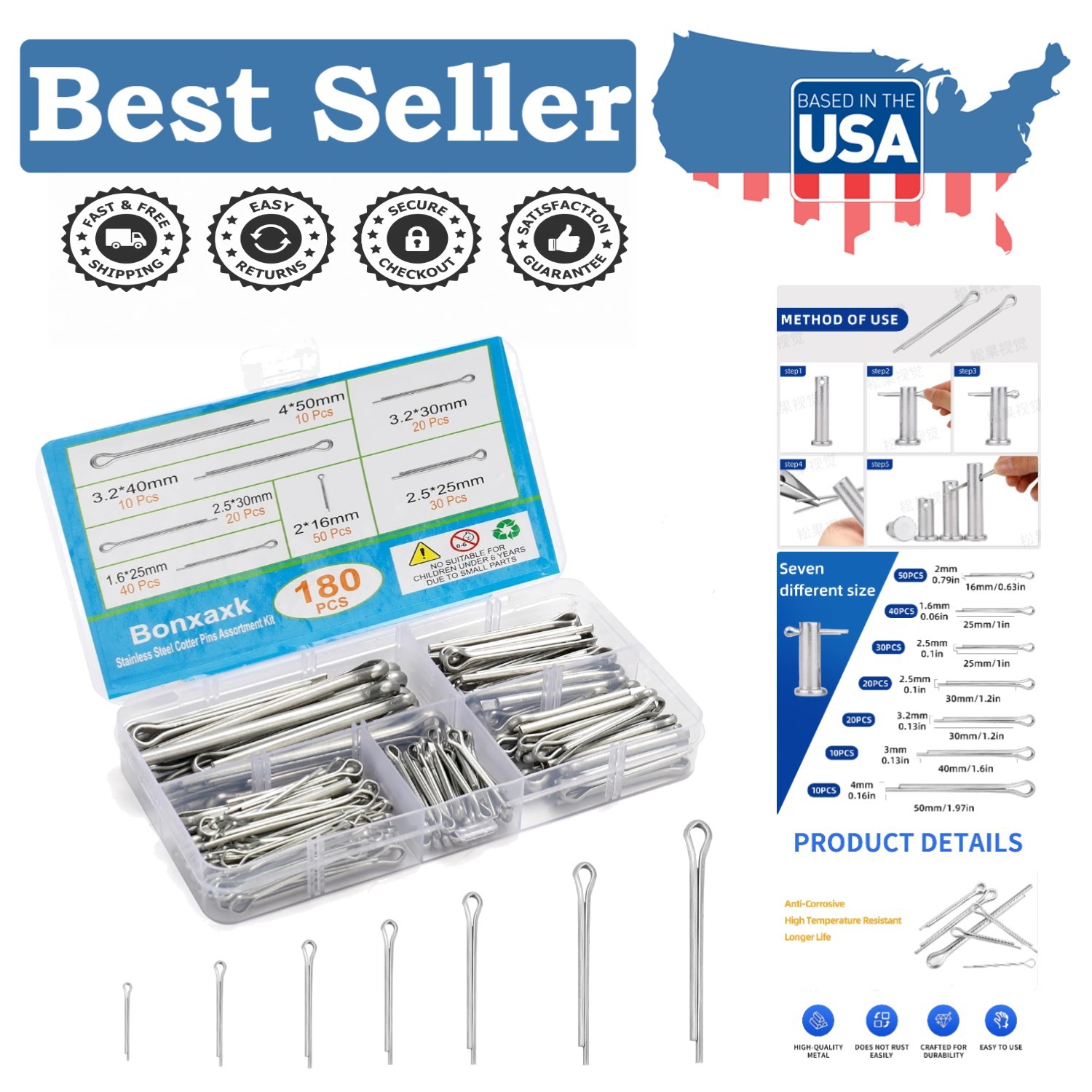 Versatile 180-Piece Cotter Pins in 7 Sizes - Essential for Engine & Towing Needs