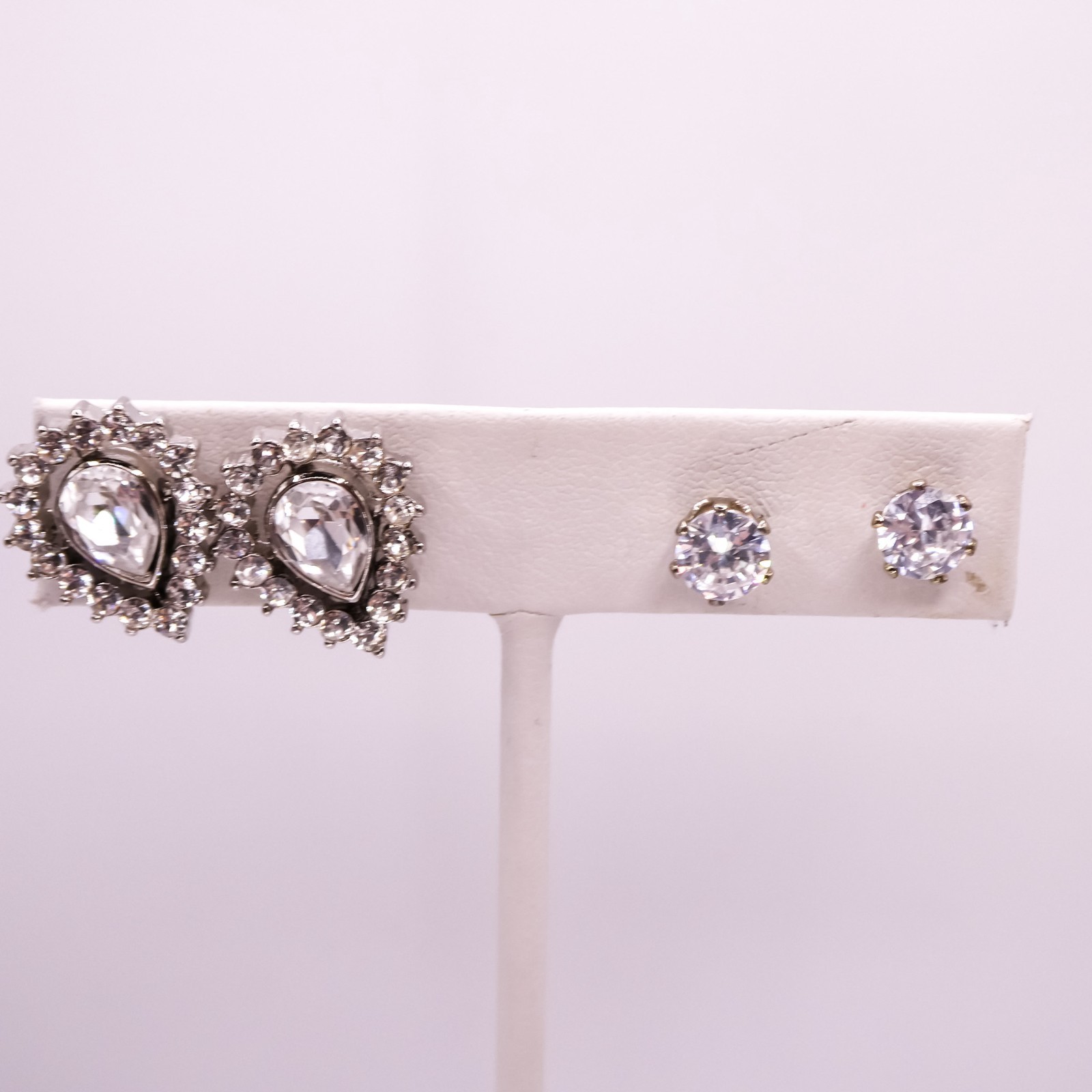 Vintage Halo Rhinestone Silvertone Solitaire Set Two Pairs Of Earrings