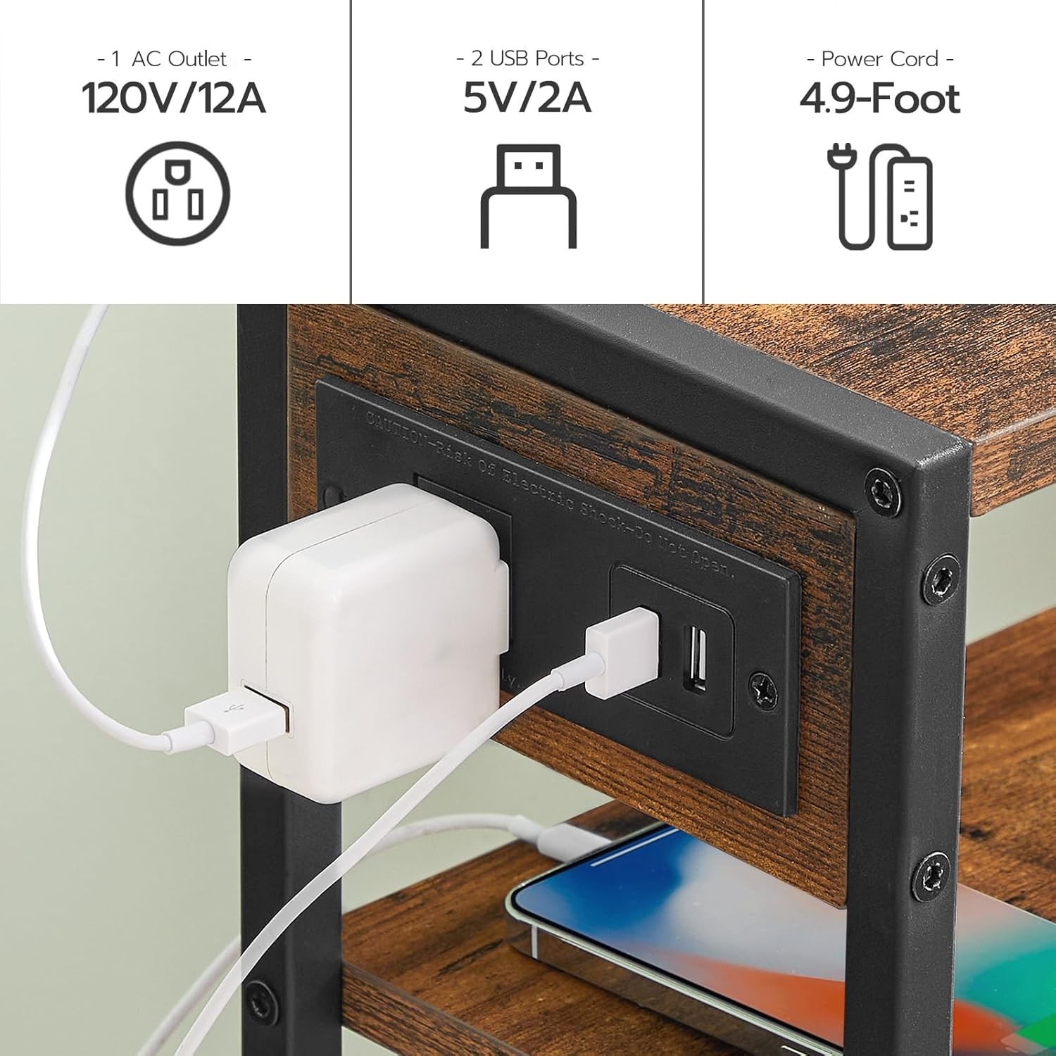 HOOBRO Small Narrow Side Table with Charging Station, Rustic Brown + Black