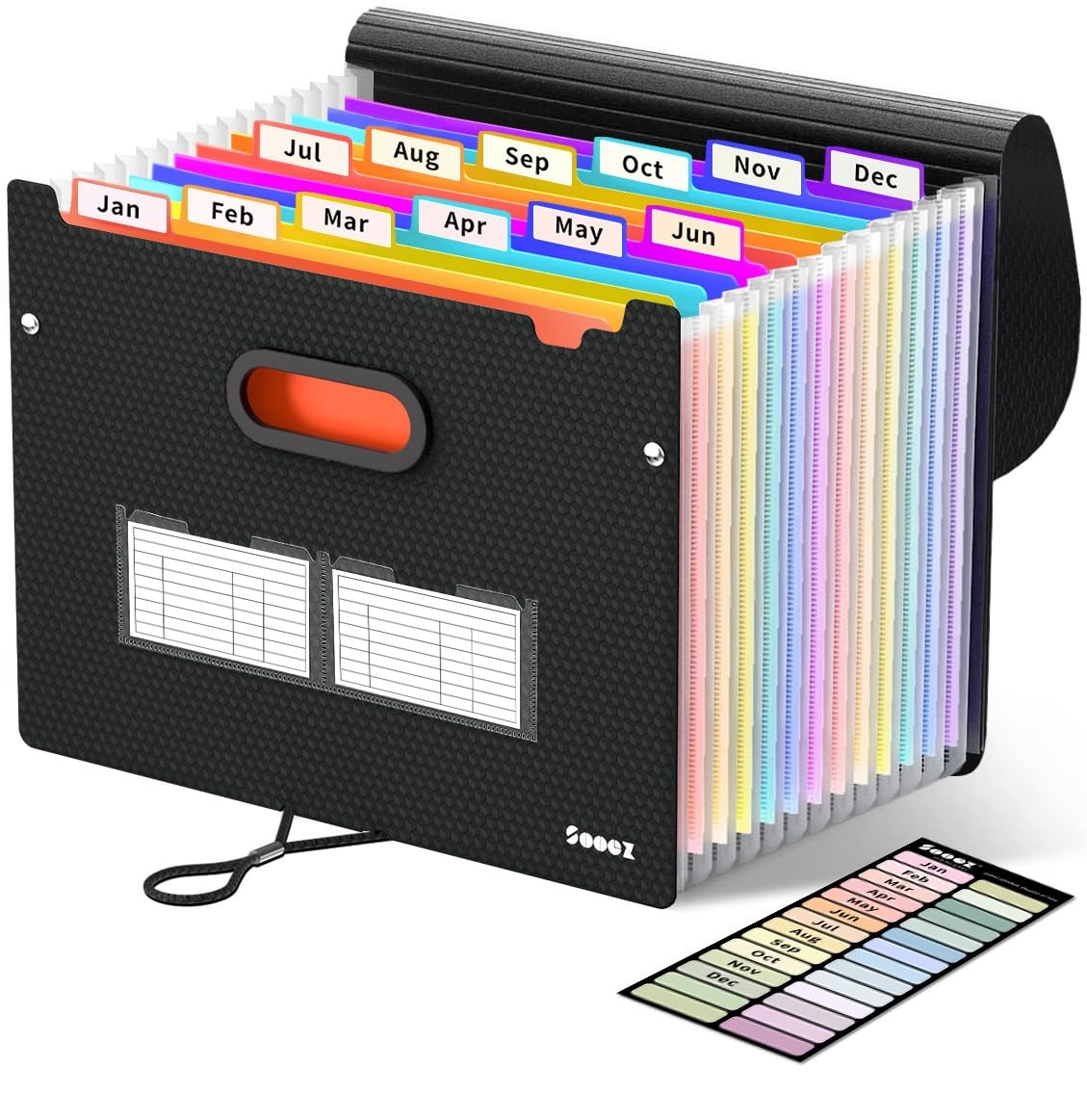 Sooez Upgraded Accordion File 13" x 9.4" x 14", Black With Rainbow Pocket