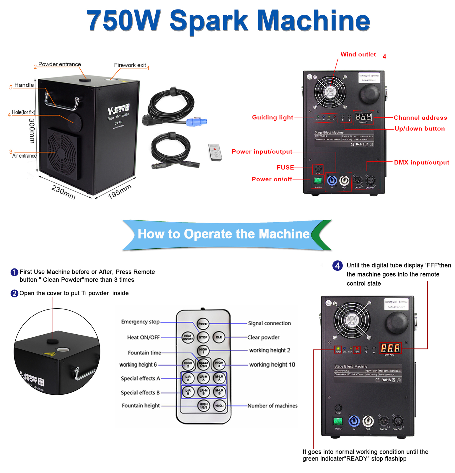 VShow 2pcs Cold Spark Machine 750W Stage Effect Firework Machine for Wedding