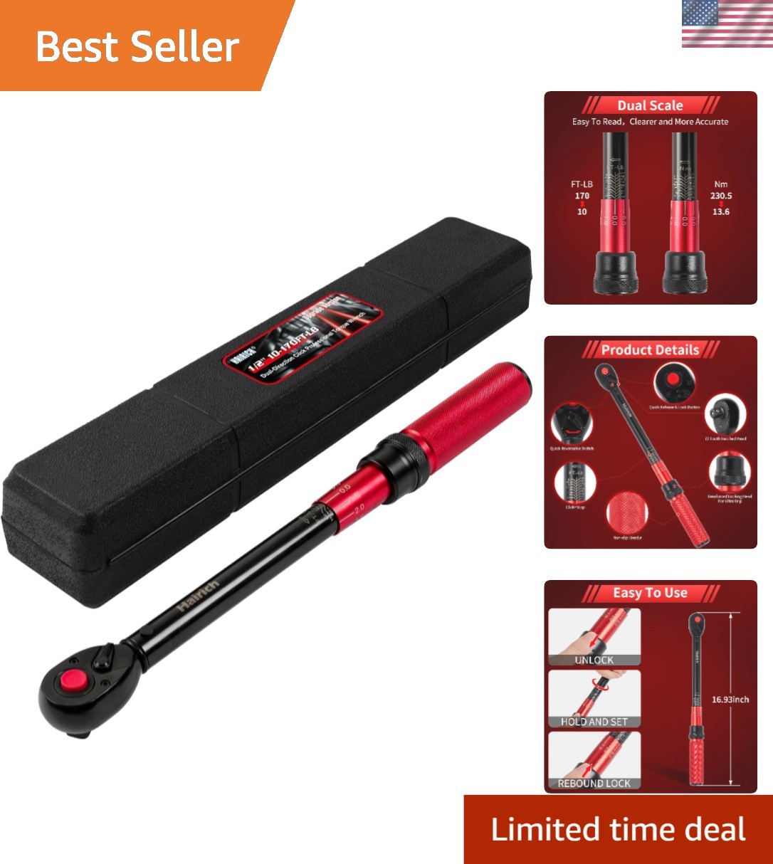 Ergonomic 72-Tooth Torque Wrench - 1/2 Inch Drive, Click Mechanism, 10-170 Ft.lb