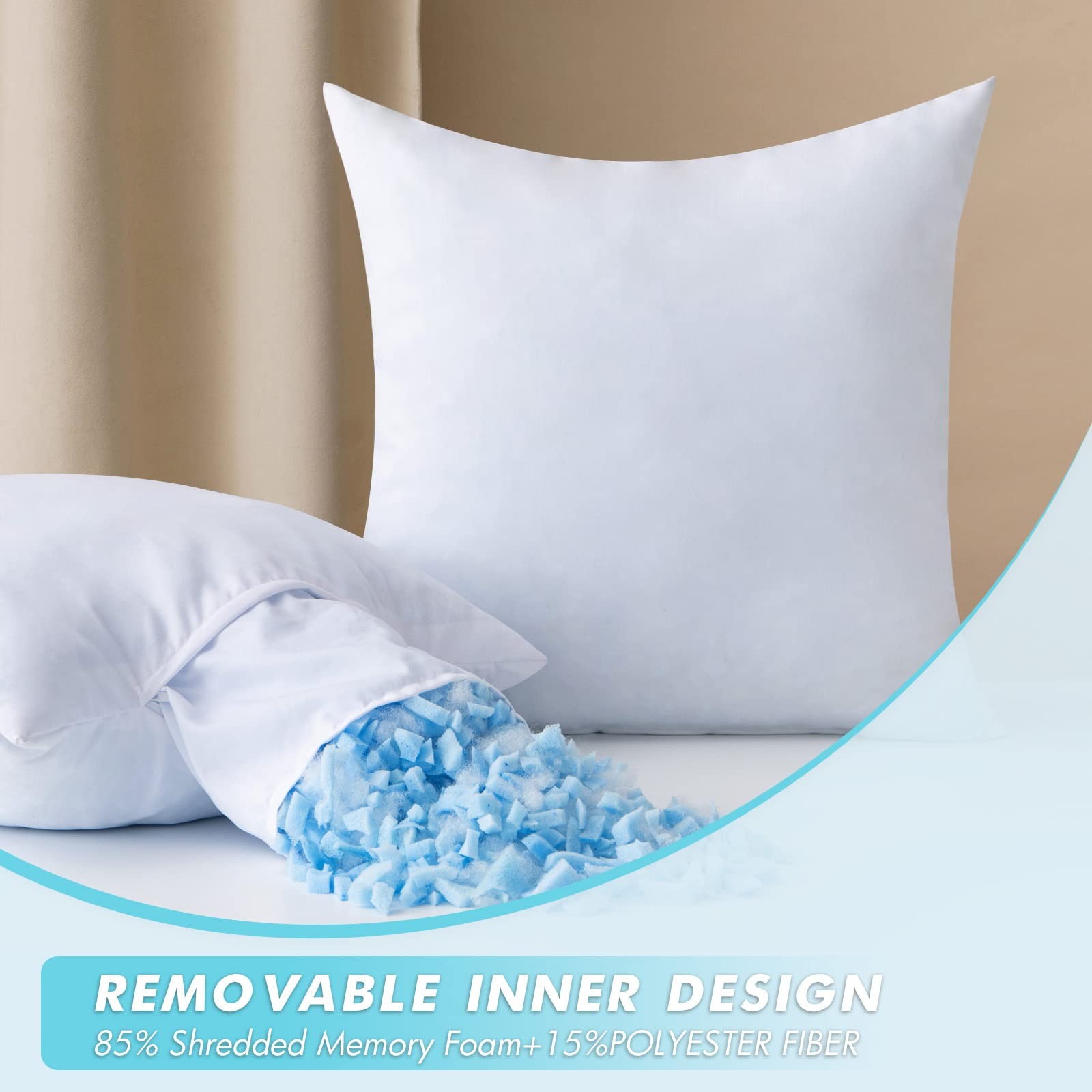 Pack of 2 16x16 Pillow Inserts-Decorative Shredded Memory Foam Cooling Throw ...