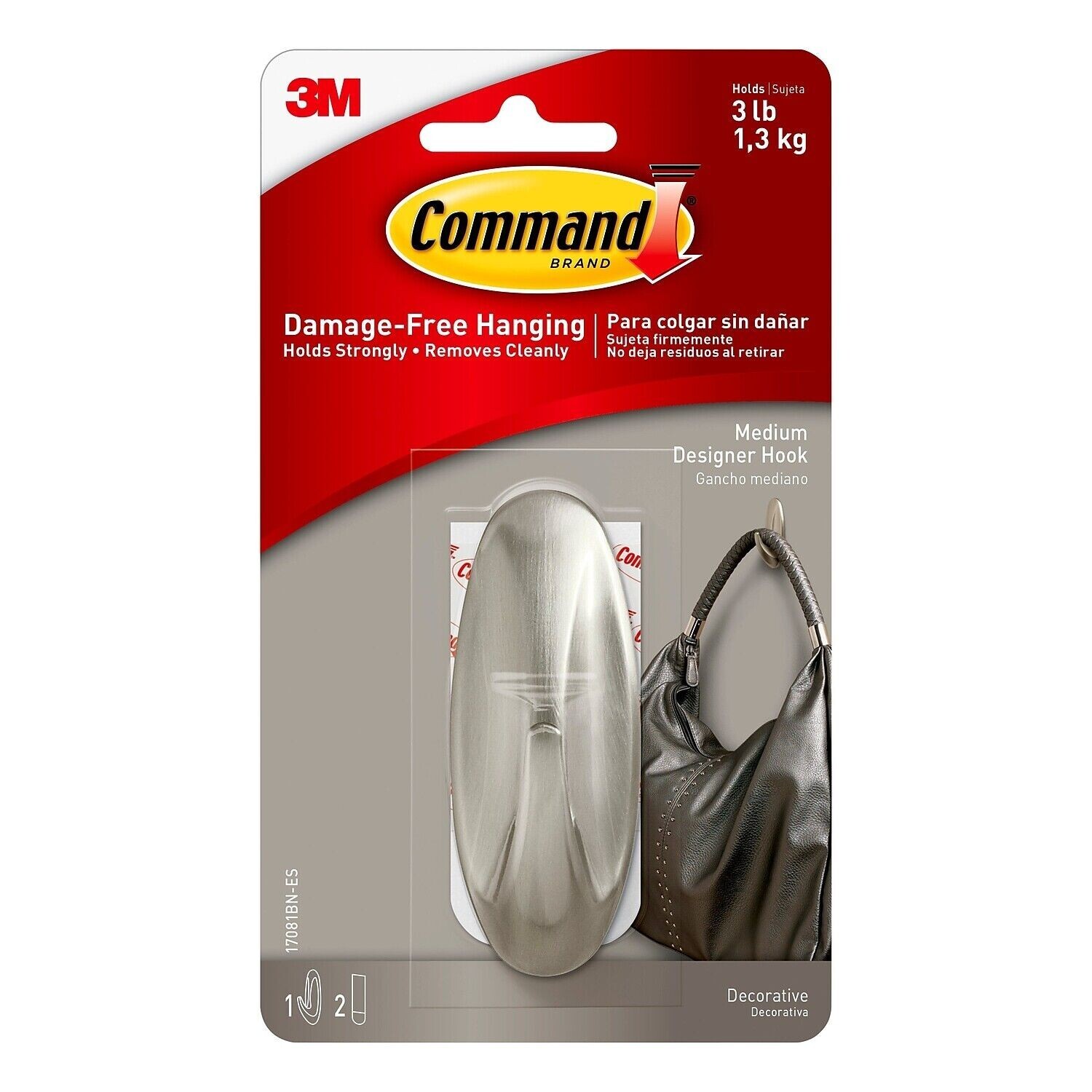 Command Medium Designer Hook Brushed Nickel Holds 3 LBS.  #17081BN-ES  NEW