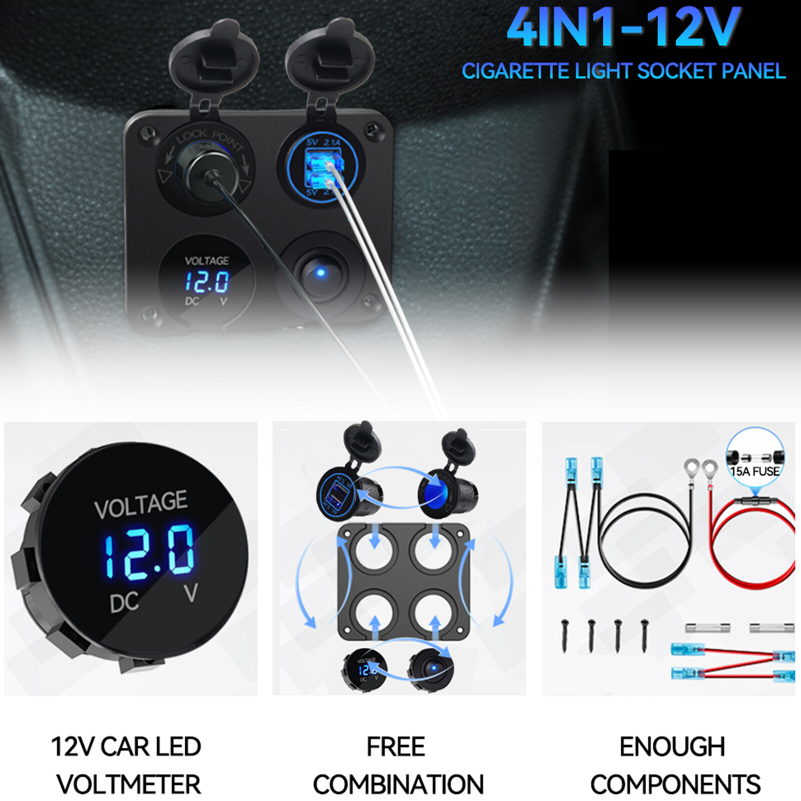 12V 4 In 1 Panel Dual USB Charger LED Voltmeter Cigarette Lighter Socket Outlet