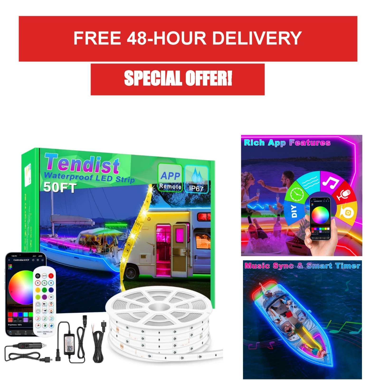50FT LED Waterproof Boat Lights, RGB Marine Strip with App & Remote