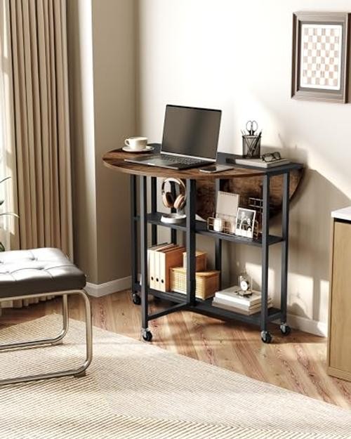 Folding Dining Table, Kitchen Table with 6 Wheels, Folding Round Table with 2