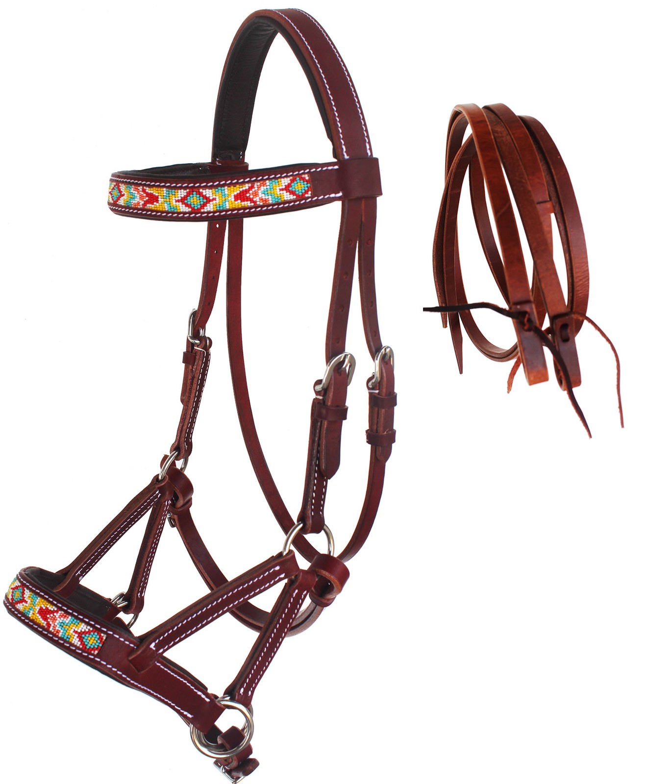 Horse Western Leather Beaded Bitless Sidepull Bridle Reins 77RS23