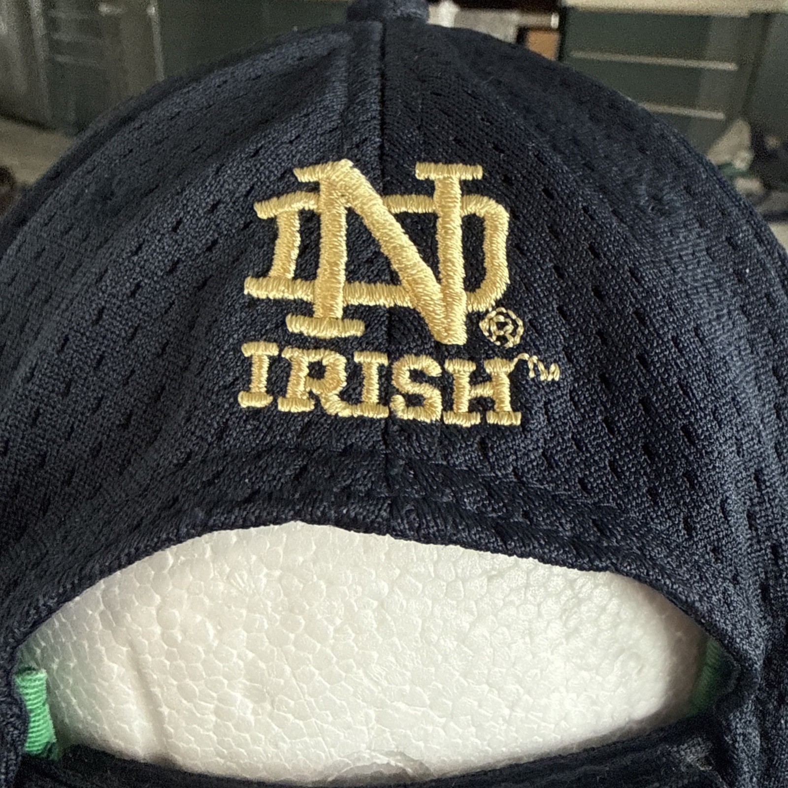 Notre Dame ND Gold Letters on Green Shield on Navy Adidas Hat Cap Hook Loop