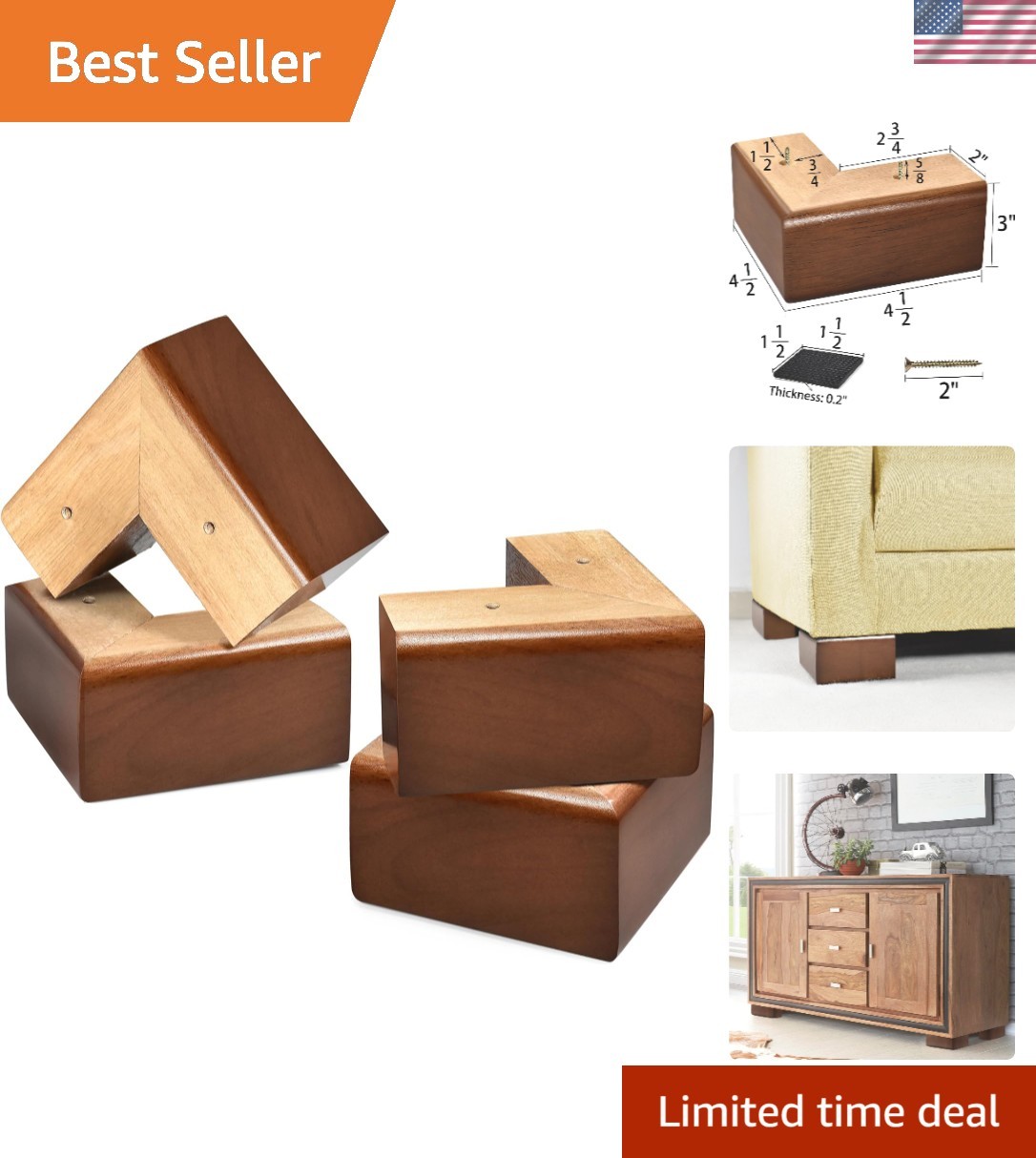 Solid Wood Legs for Furniture, L-Shaped Bed Risers, 3 inch Furniture Legs for...