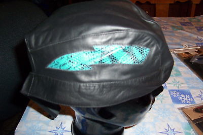 NWT! $40 RIVER ROAD LEATHER SKULL CAP-BLACK/TURQ-OSFA