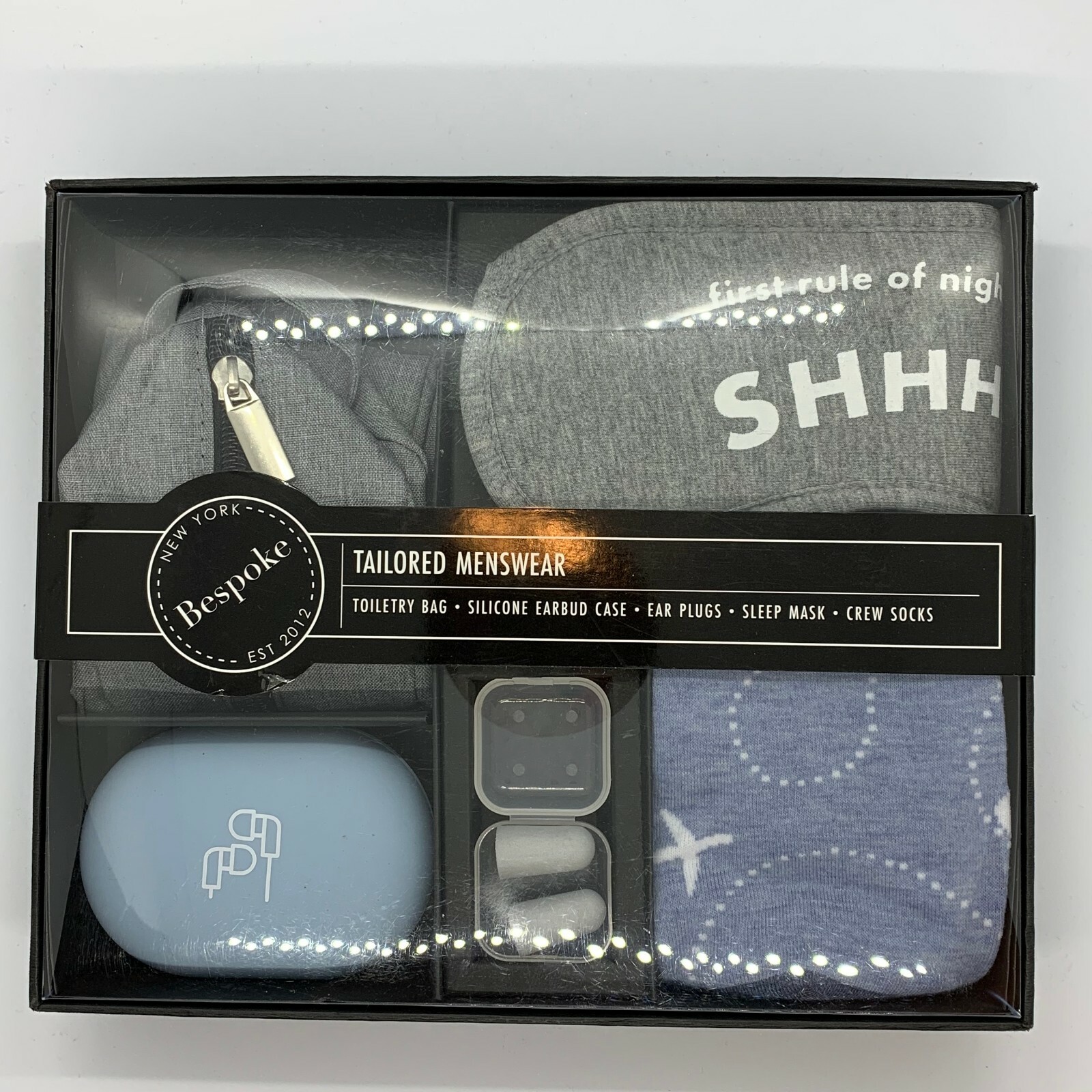 NIB! Bespoke Travel Box 5pcs Gift Set Toiletry Bag+Earbud Case+Masks+Socks &More