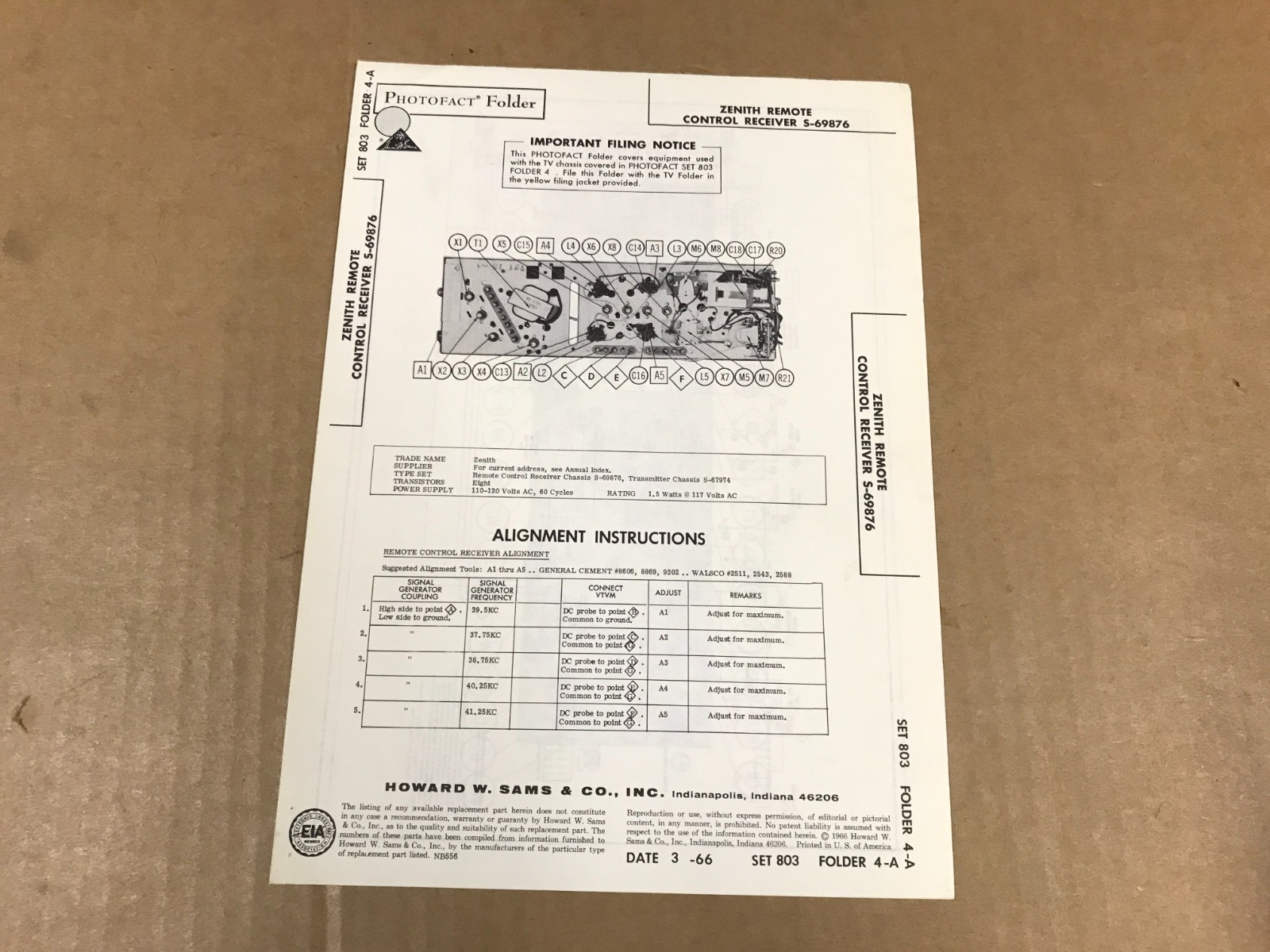 Vintage Photofact Folder - 803-4A- Zenith Remote Control Receiver S-69876