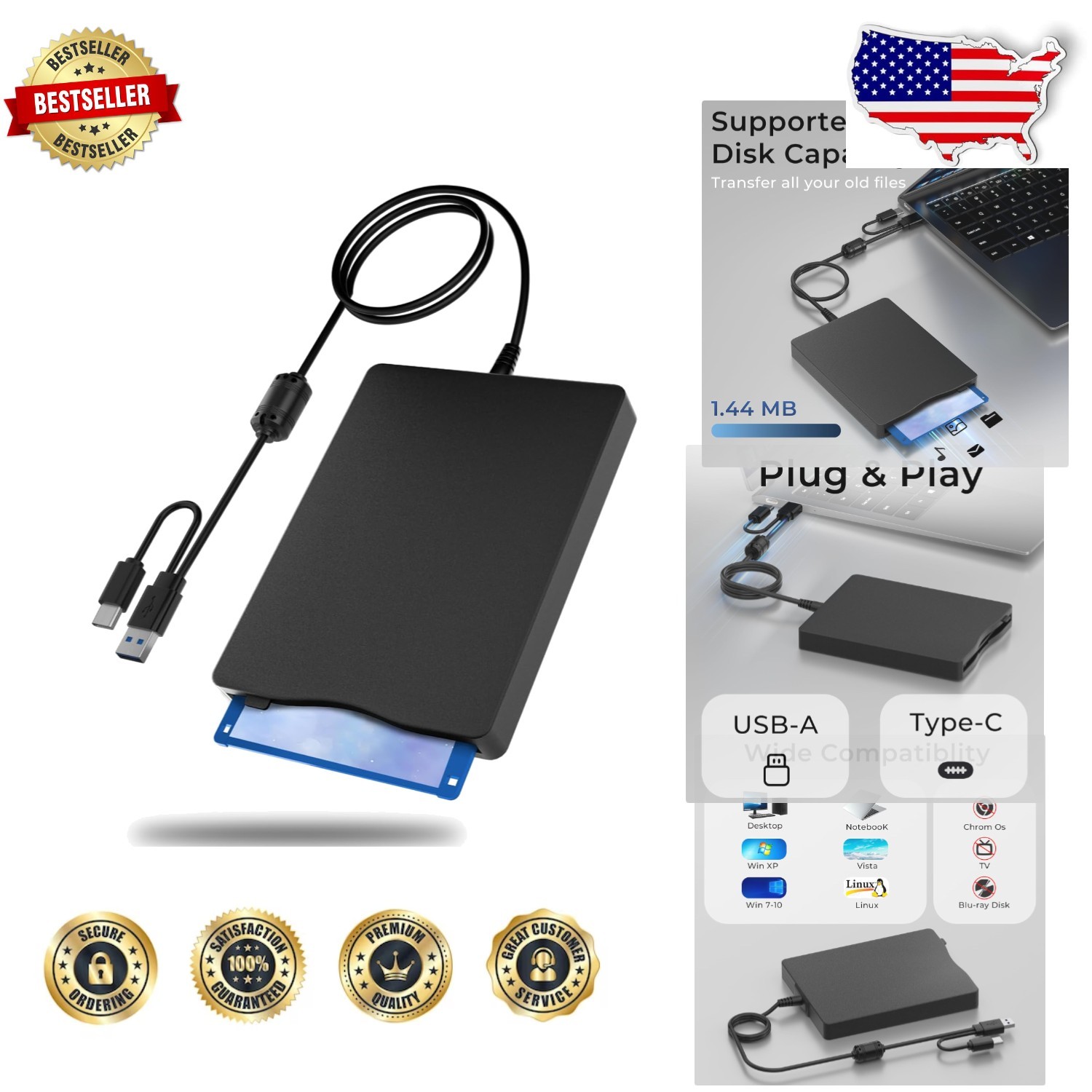 Plug & Play USB Floppy Disk Drive 3.5" External 1.44MB for Mac/PC