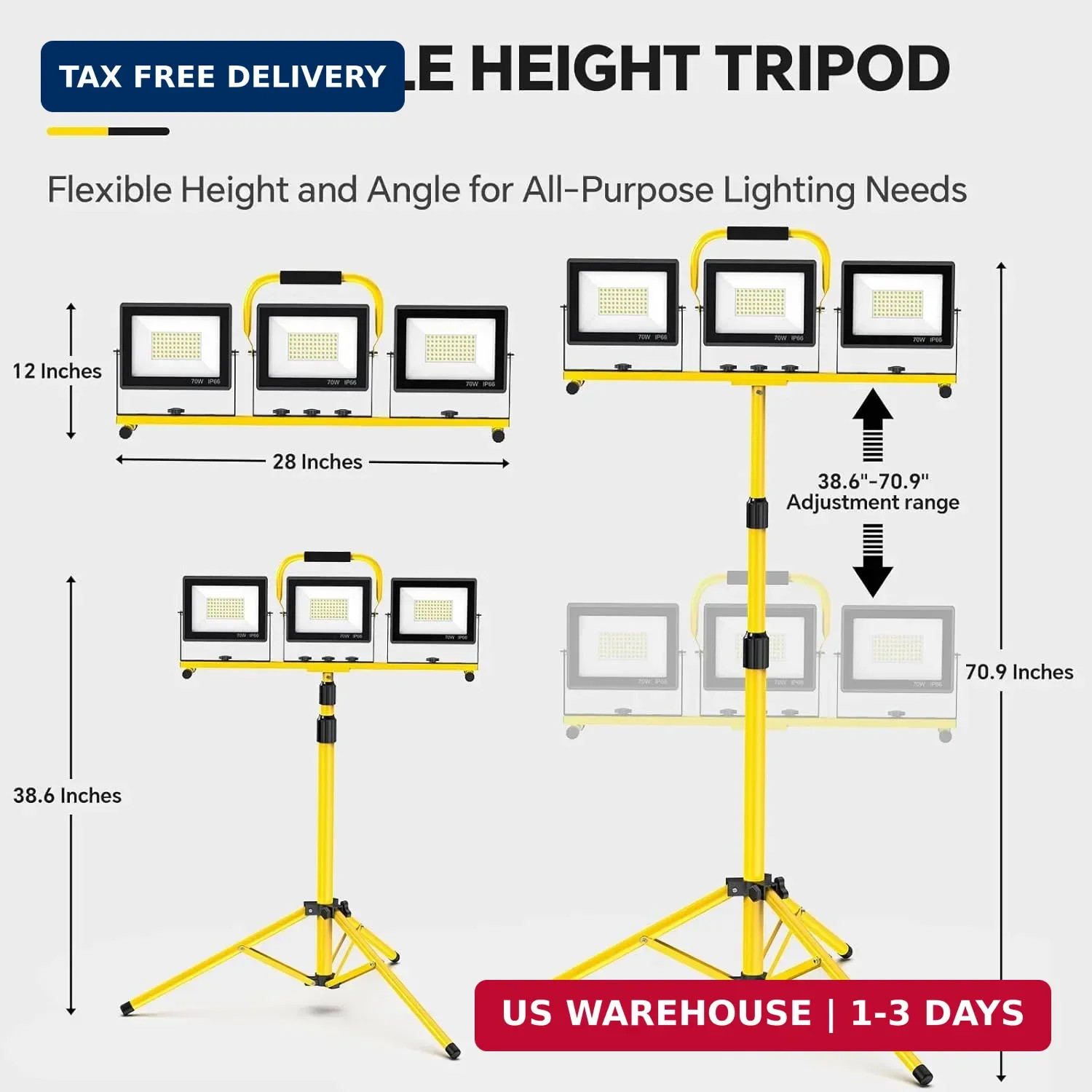 LED Work Lights with Stand: 3 Head Adjustable Work Light with Individual Switch,