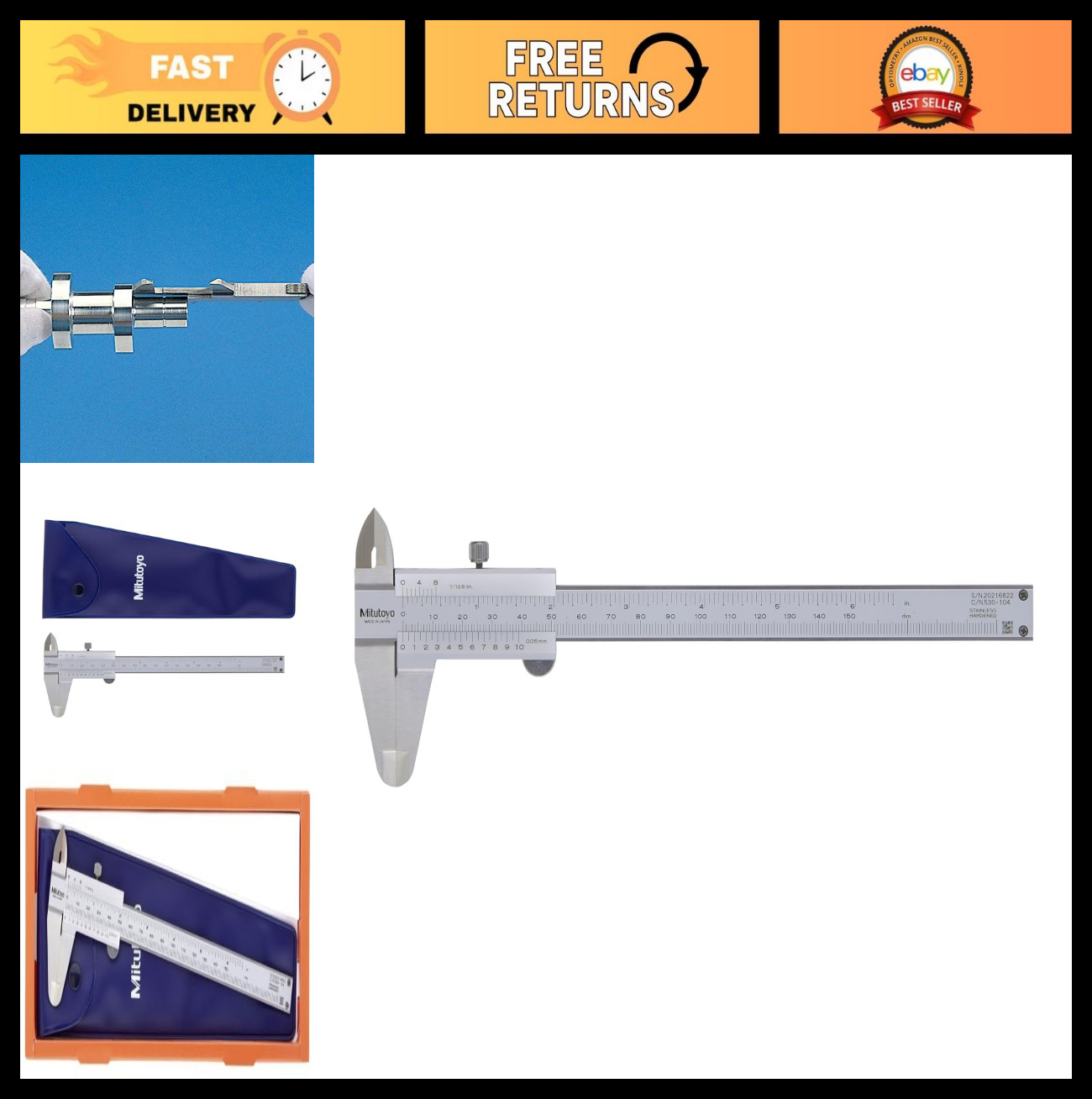 Stainless Steel Vernier Calipers - 150mm Range, Metric, Inside/Outside/Depth Mea
