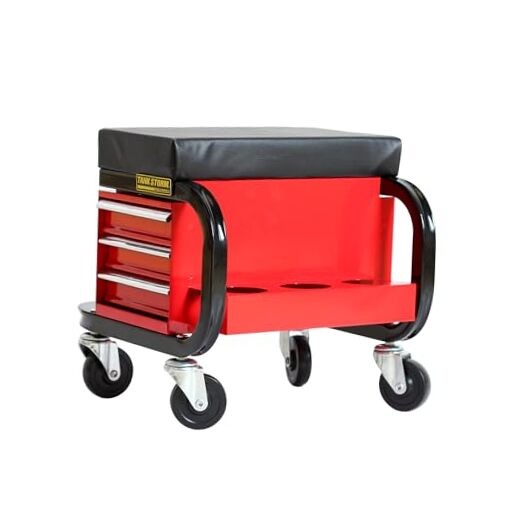 Tool Box Built-in Creeper Seat, Garage Shop Roller Seat, 3 Drawers Heavy Duty