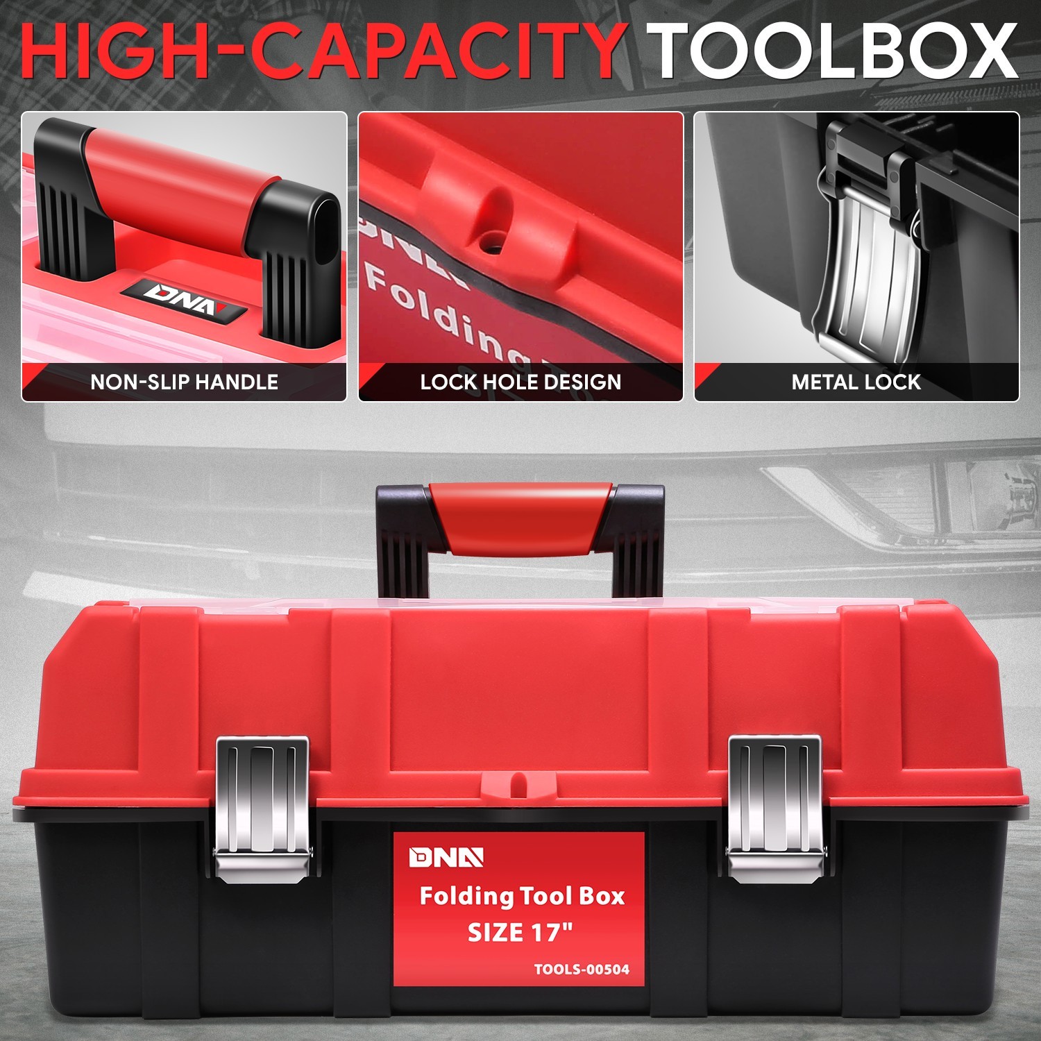 17" 3-Tier Tray Multi-Function Foldable Tool Box Workshop Garage Organize Red