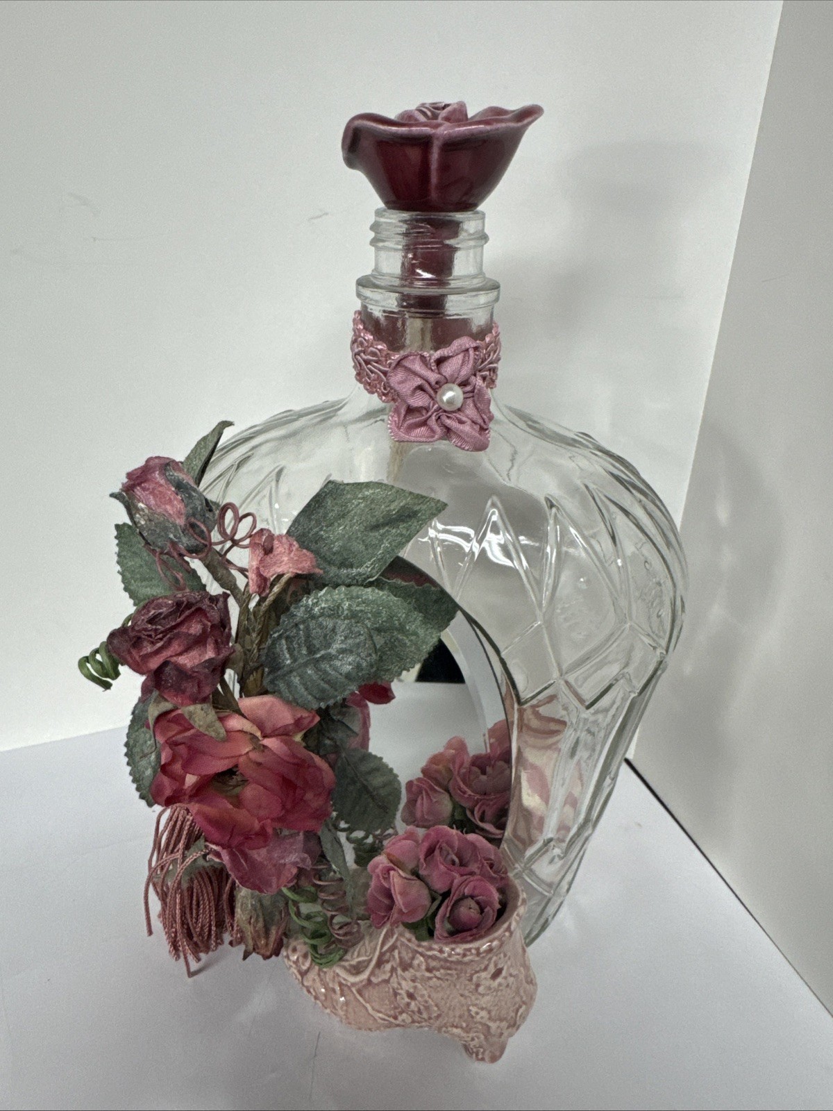 Clear Glass Liquor Bottle Crown Royal Style with Decorative Stopper