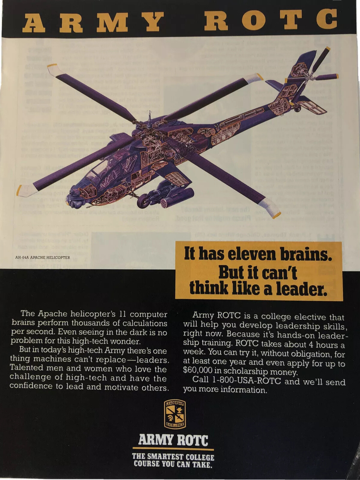 1995 US Army ROTC Apache Helicopter PRINT AD Smartest College Course VTG 1990s