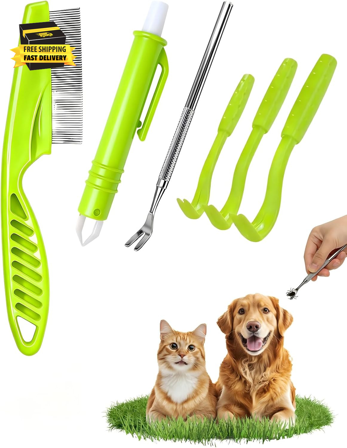Tick Removal Tool 6 in 1, Pet Tick Remover Kit with Flea Comb, Portable Outdoor