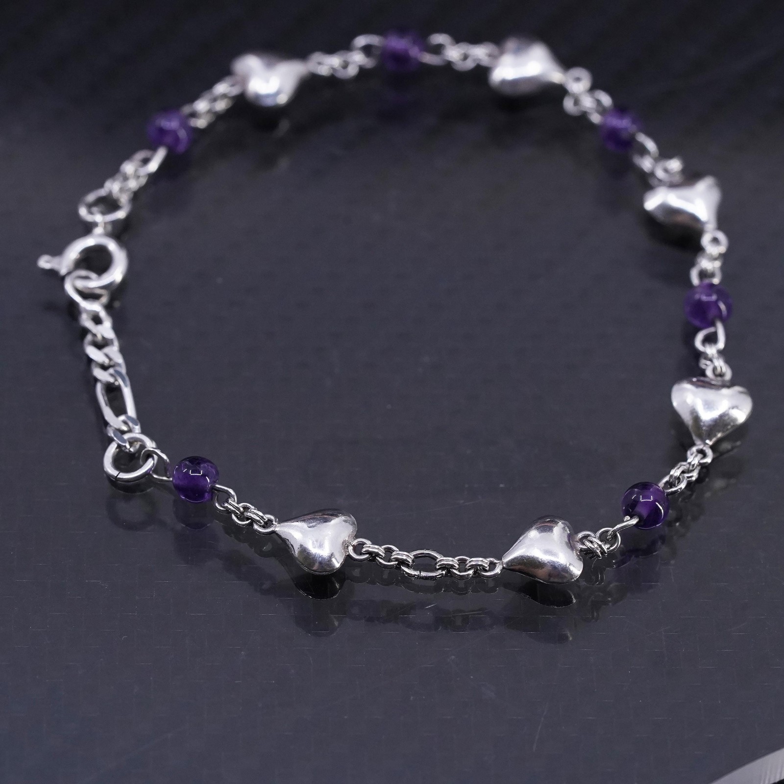 7”, sterling silver 925 handmade bracelet with heart charms, amethyst beads