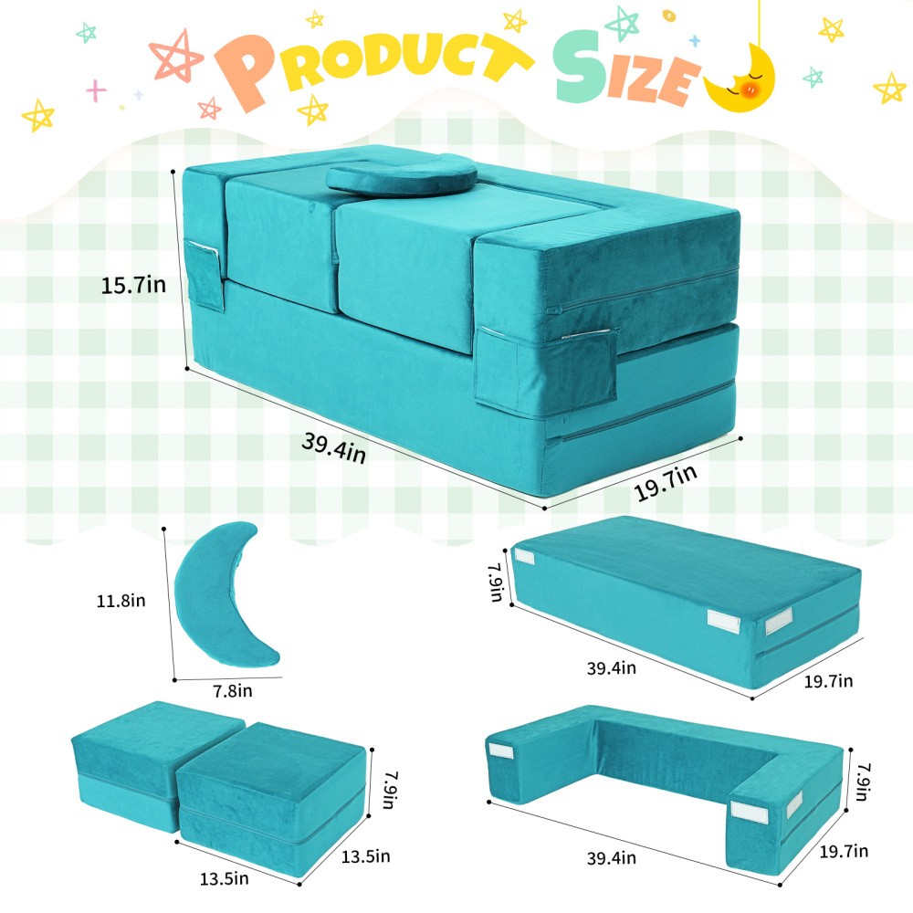 Kids Modular Play Couch, Foldable Velvet Foam Sofa & Convertible Toddler Fort