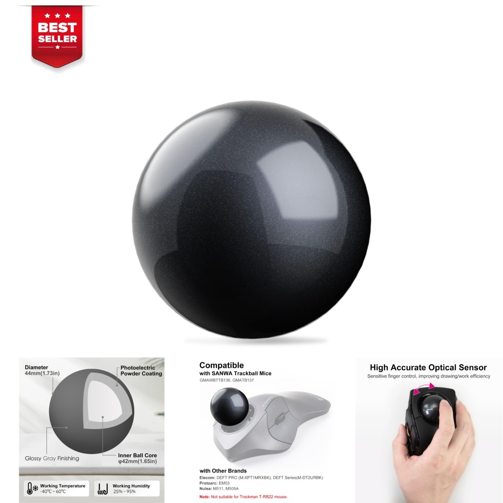 SANWA 44mm Trackball Replacement Ball for Various Mouse Models