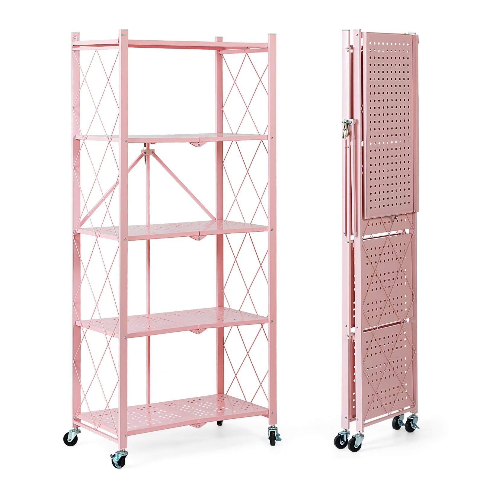 BRIAN & DANY PP138 5-Tier Foldable Storage Shelving Unit with Wheels - Pink