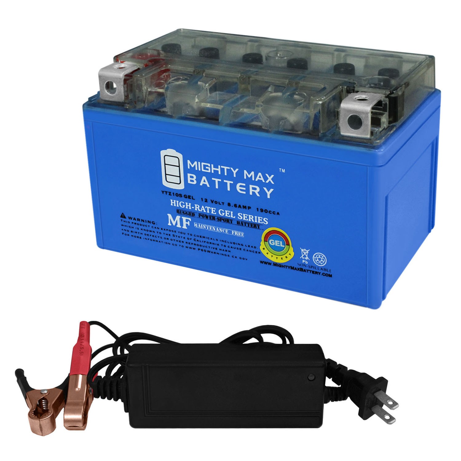 Mighty Max YTZ10S GEL Battery Replacement for Yamaha 700 MT07 18 + 12V 2A Chargr