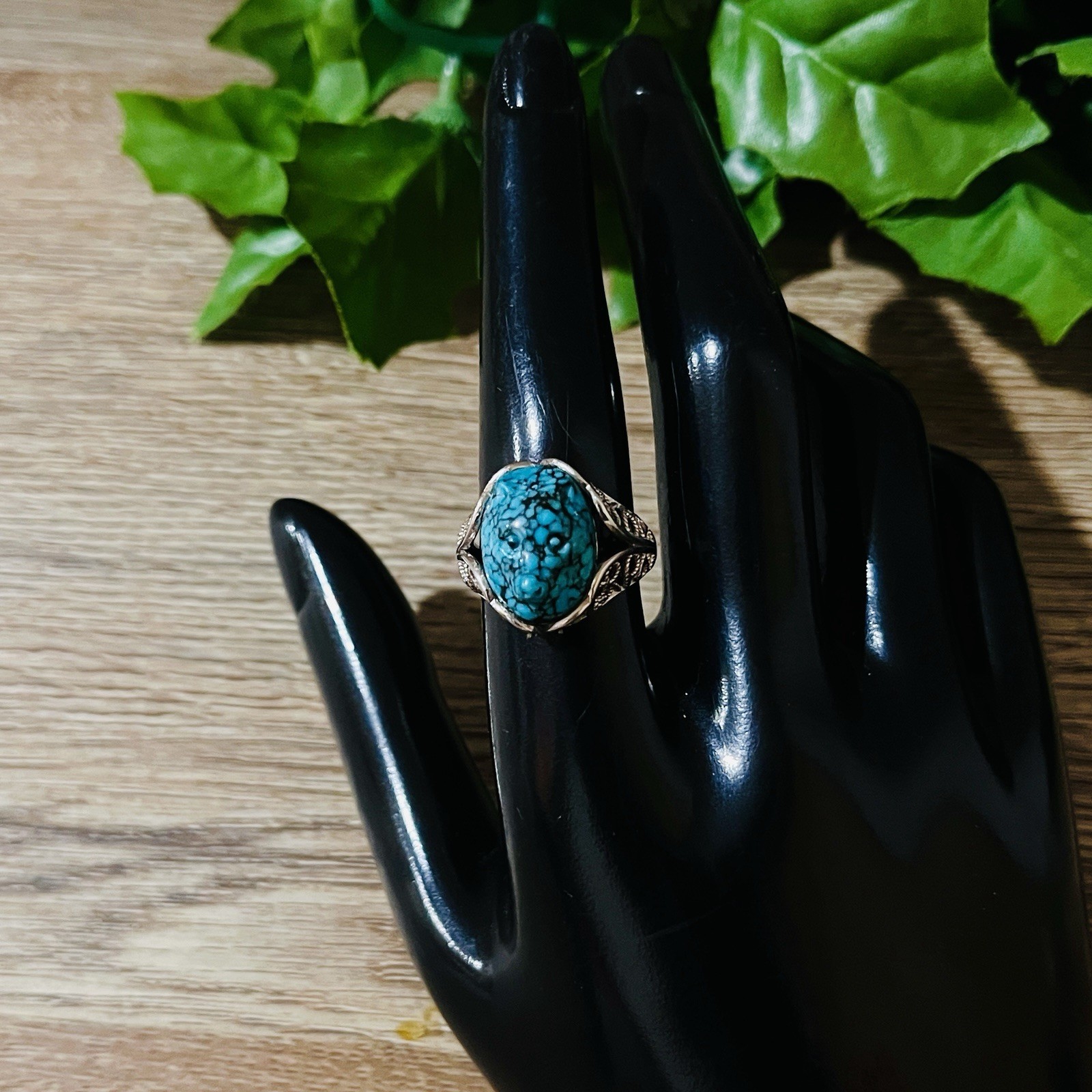 Hand-carved Turquoise Wolf Ring Statement Men’s Ring Amulet Size Fixable
