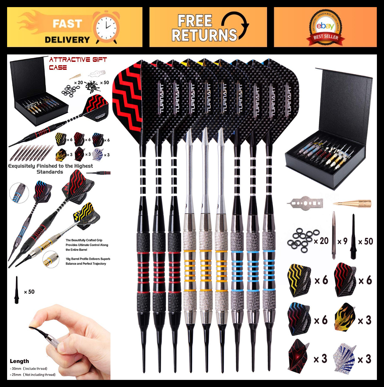 Professional Soft Tip Darts Set - 9 Pcs 18g for Electronic Dartboard + 50 Tips &