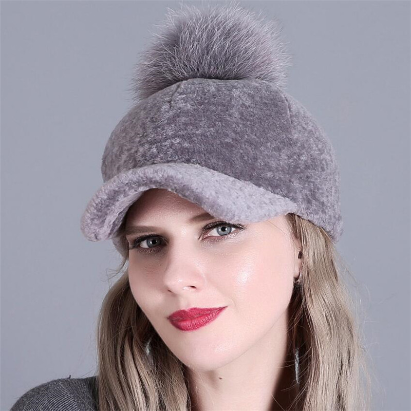 Winter Womens Peaked Caps with Fox Fur Pom Pom Hats Full-pelt Sheep Shearing Cap